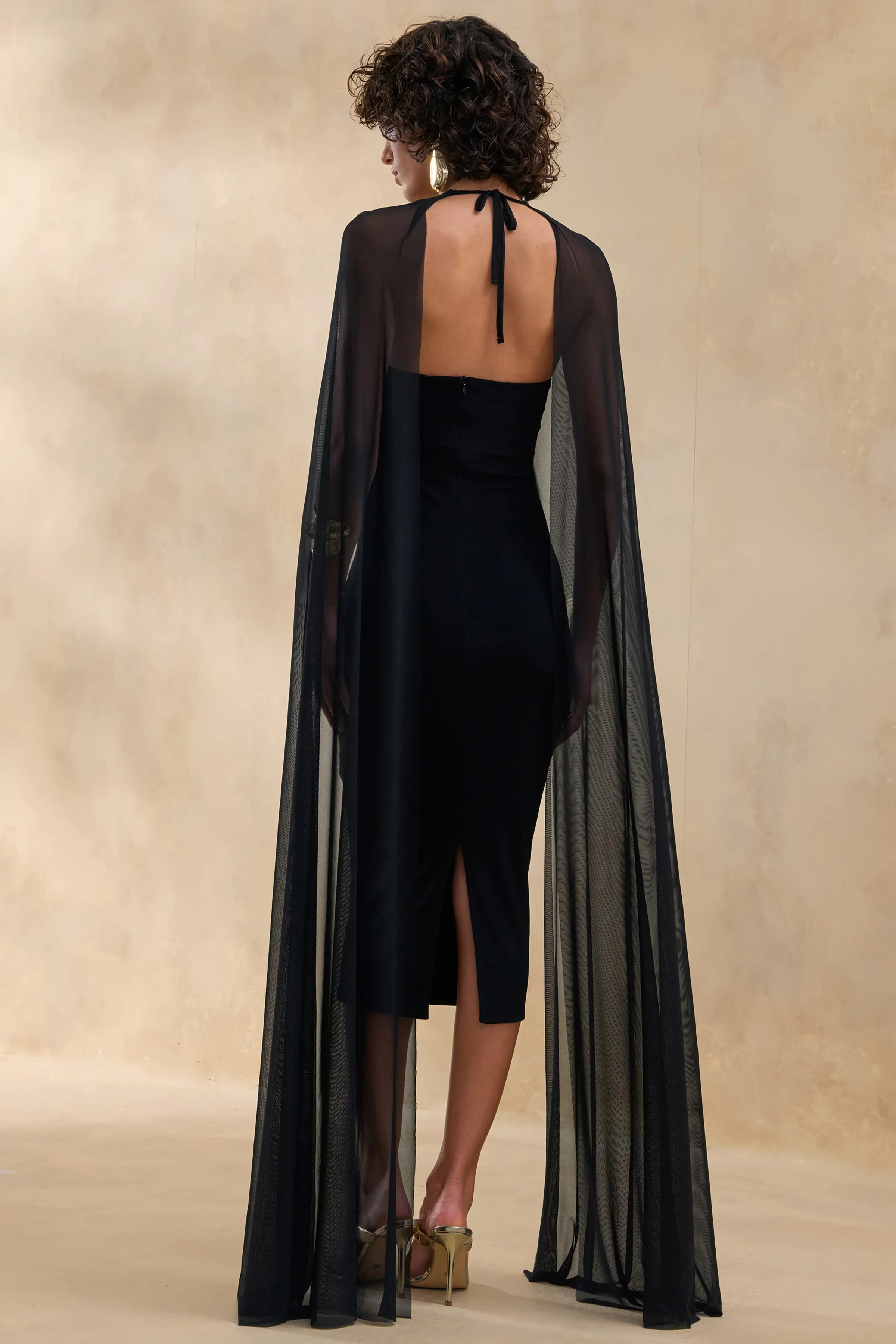 Filippa | Black Crew-Neck Midi Dress With Sheer Cape-Sleeves - Image 2