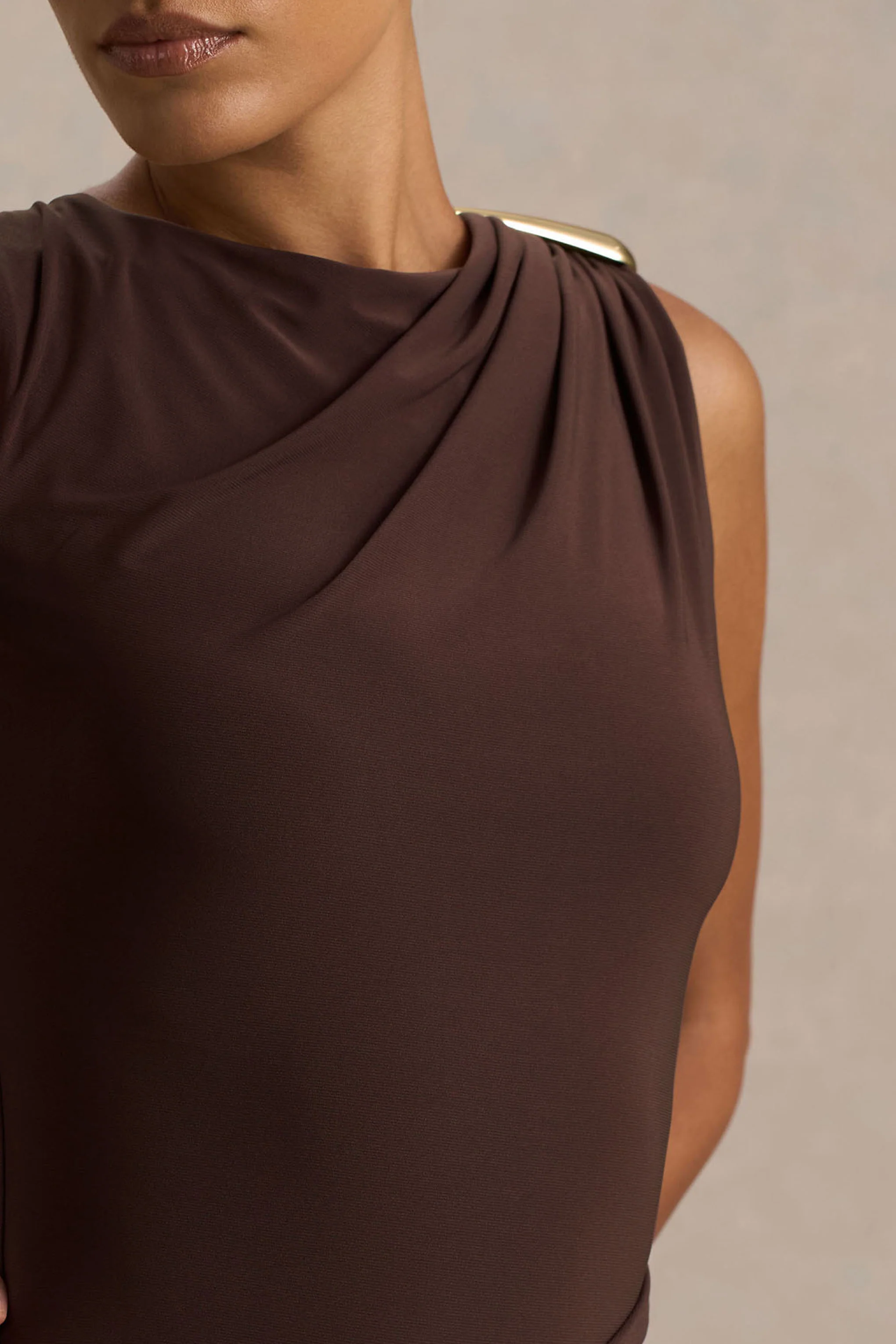 Fiora | Brown Wide-Neck Maxi Dress With Gathered Detail - Image 3