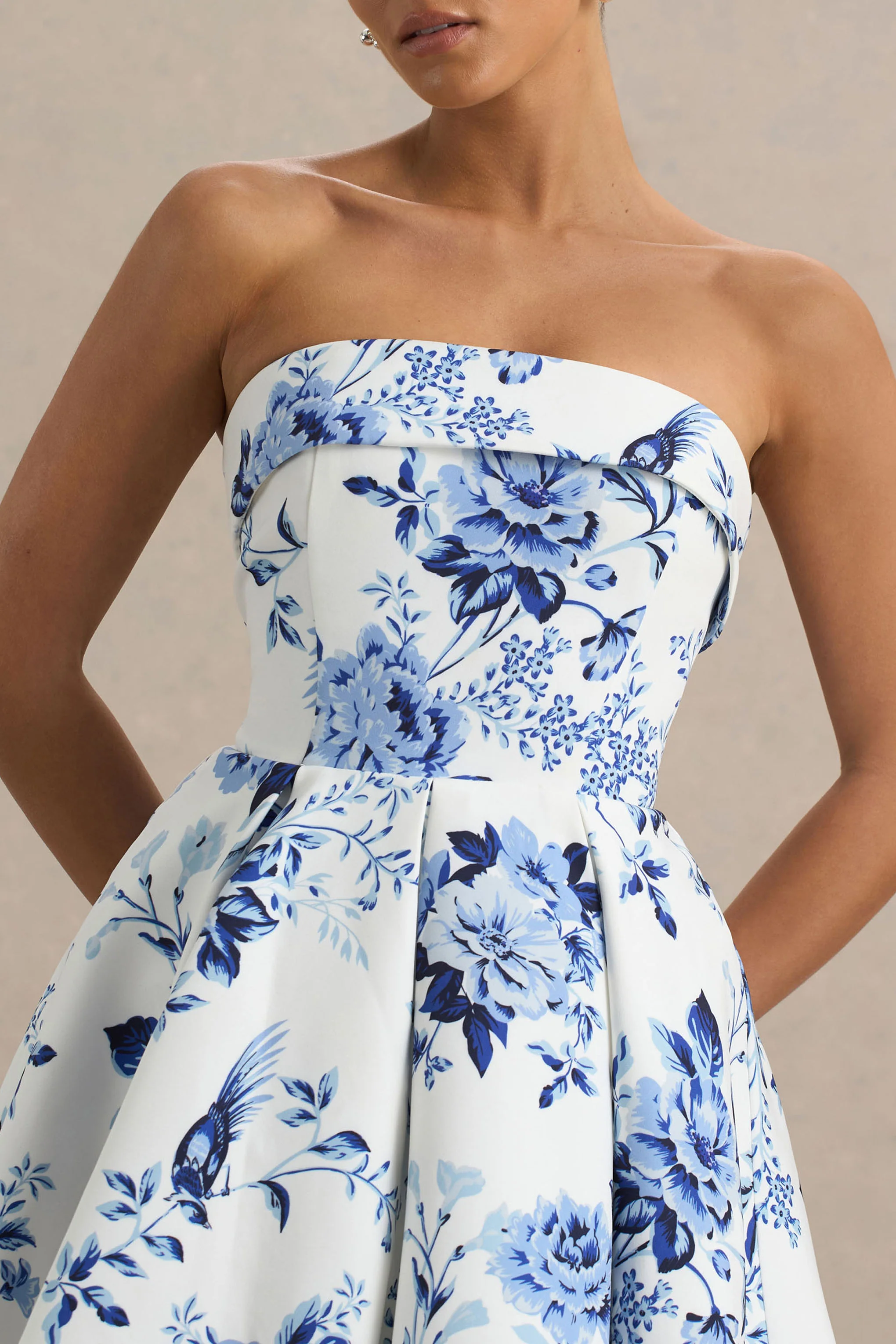 Fiorenza | Blue Porcelain Print Bandeau Mini Dress With Volume Skirt - Image 3