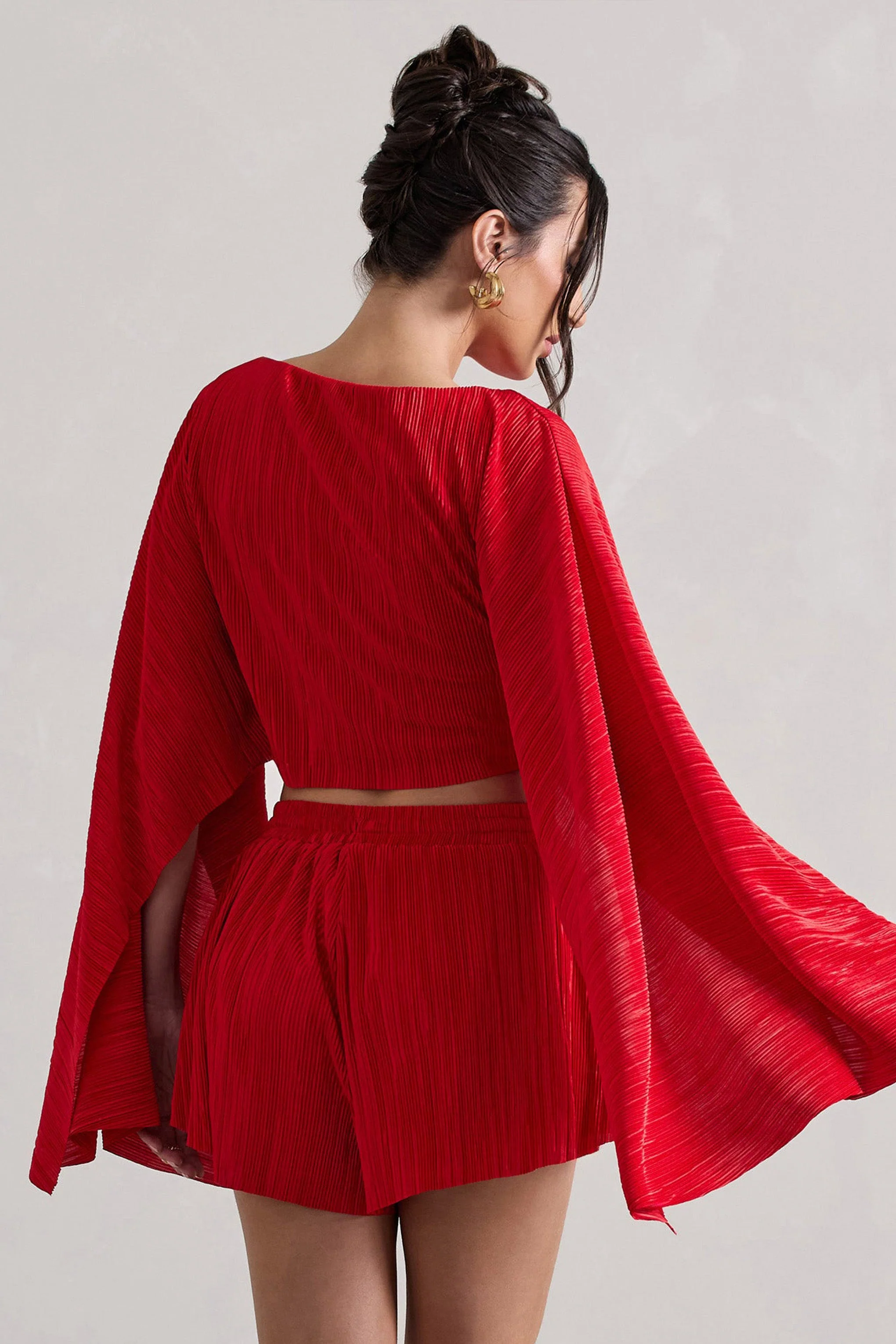 Flare | Red Plisse Cape Sleeve Crop Top - Image 2
