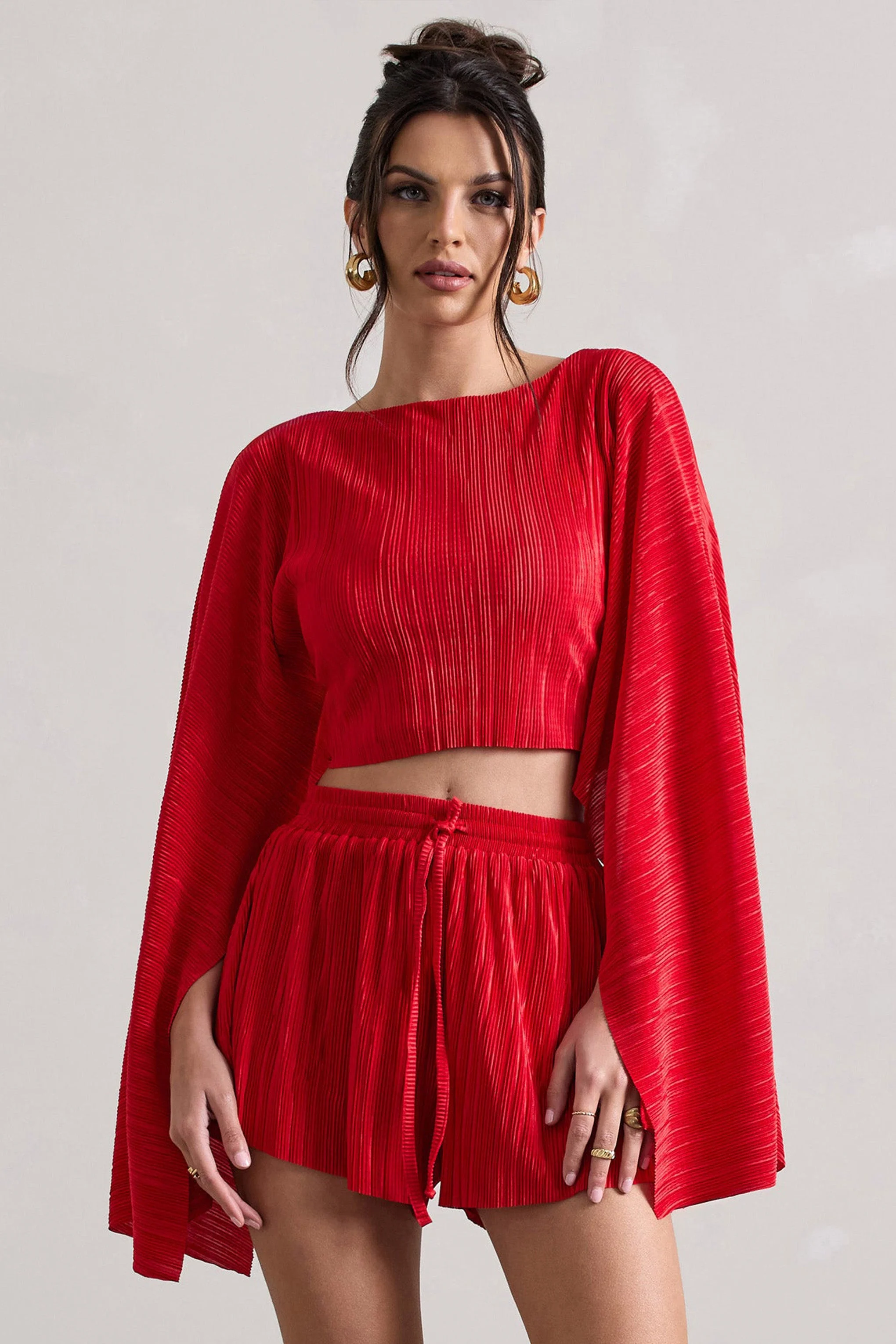 Flare | Red Plisse Cape Sleeve Crop Top - Image 4