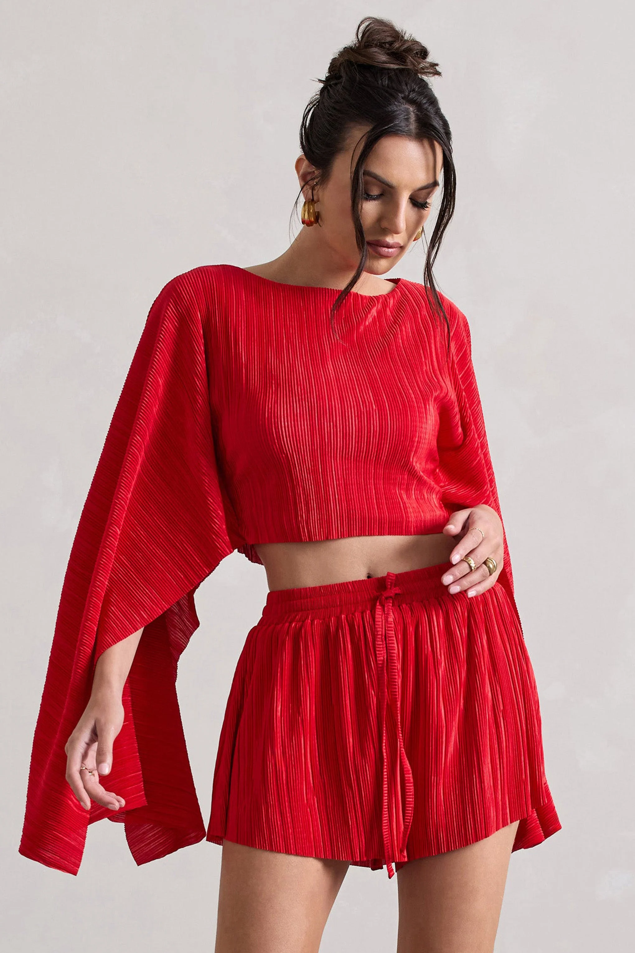 Flare | Red Plisse Cape Sleeve Crop Top - Image 6