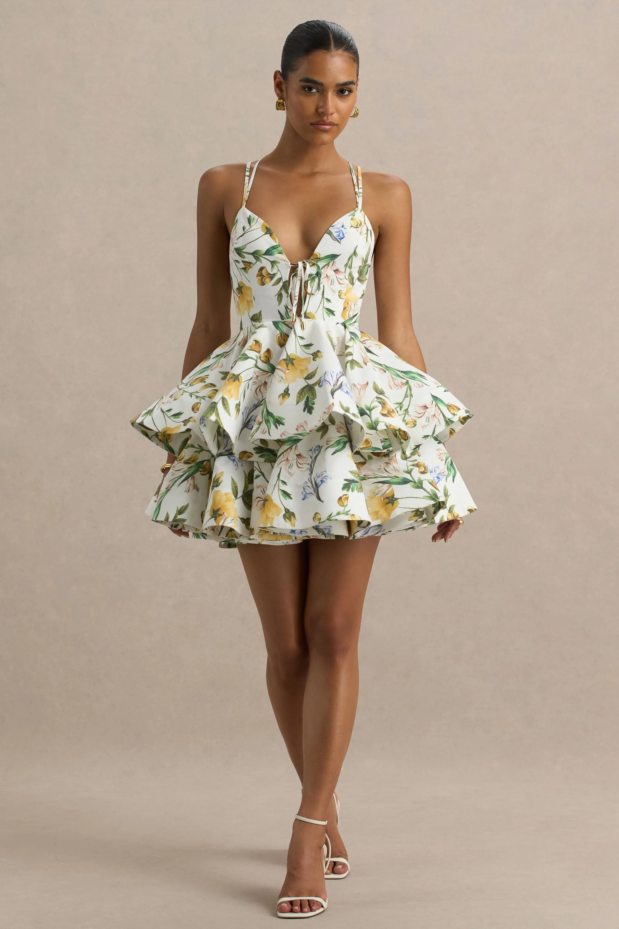 Flavia | Lemon Floral Print Plunge-Neck Ruffled Skater Micro-Mini Dress - Image 4