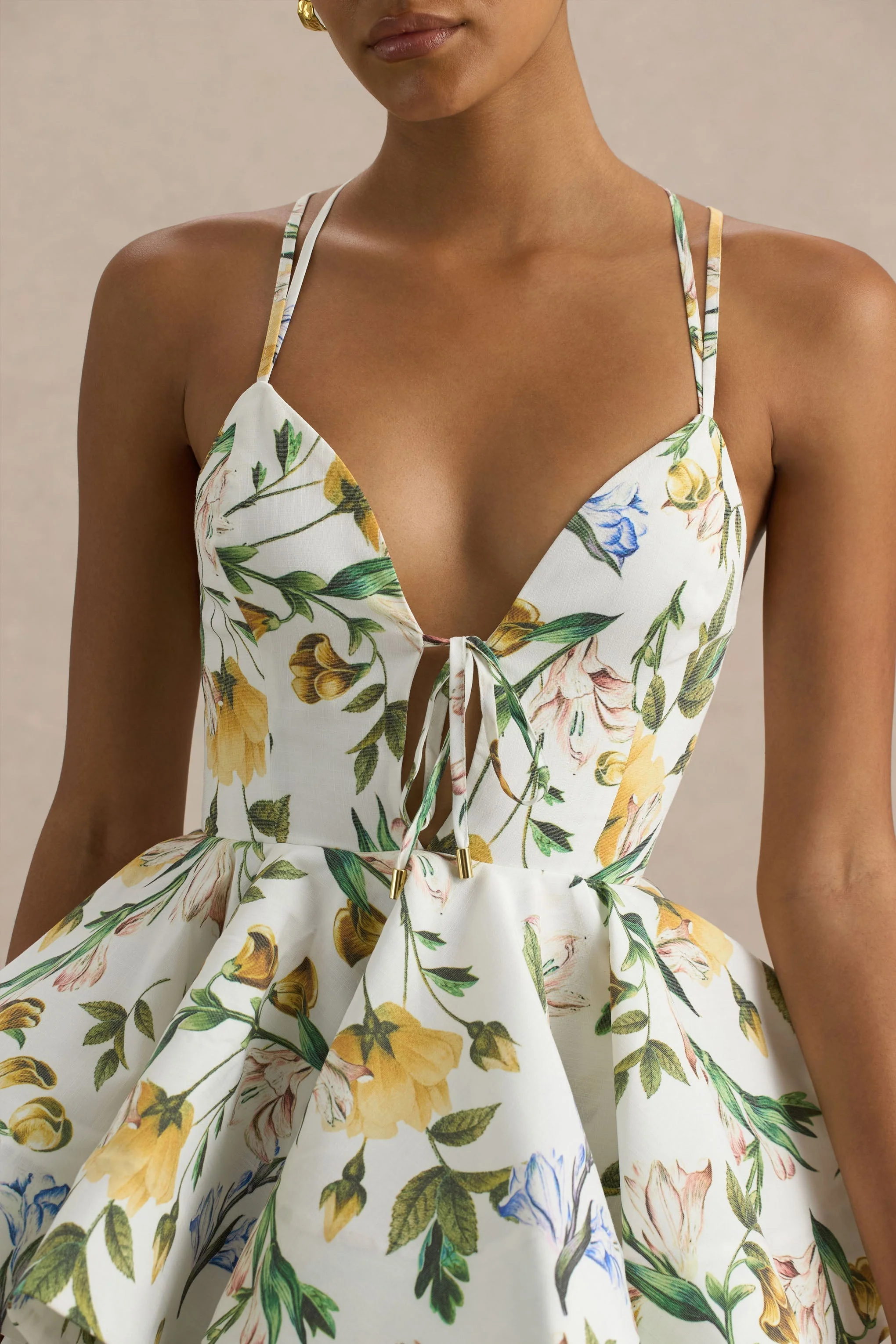 Flavia | Lemon Floral Print Plunge-Neck Ruffled Skater Micro-Mini Dress - Image 5