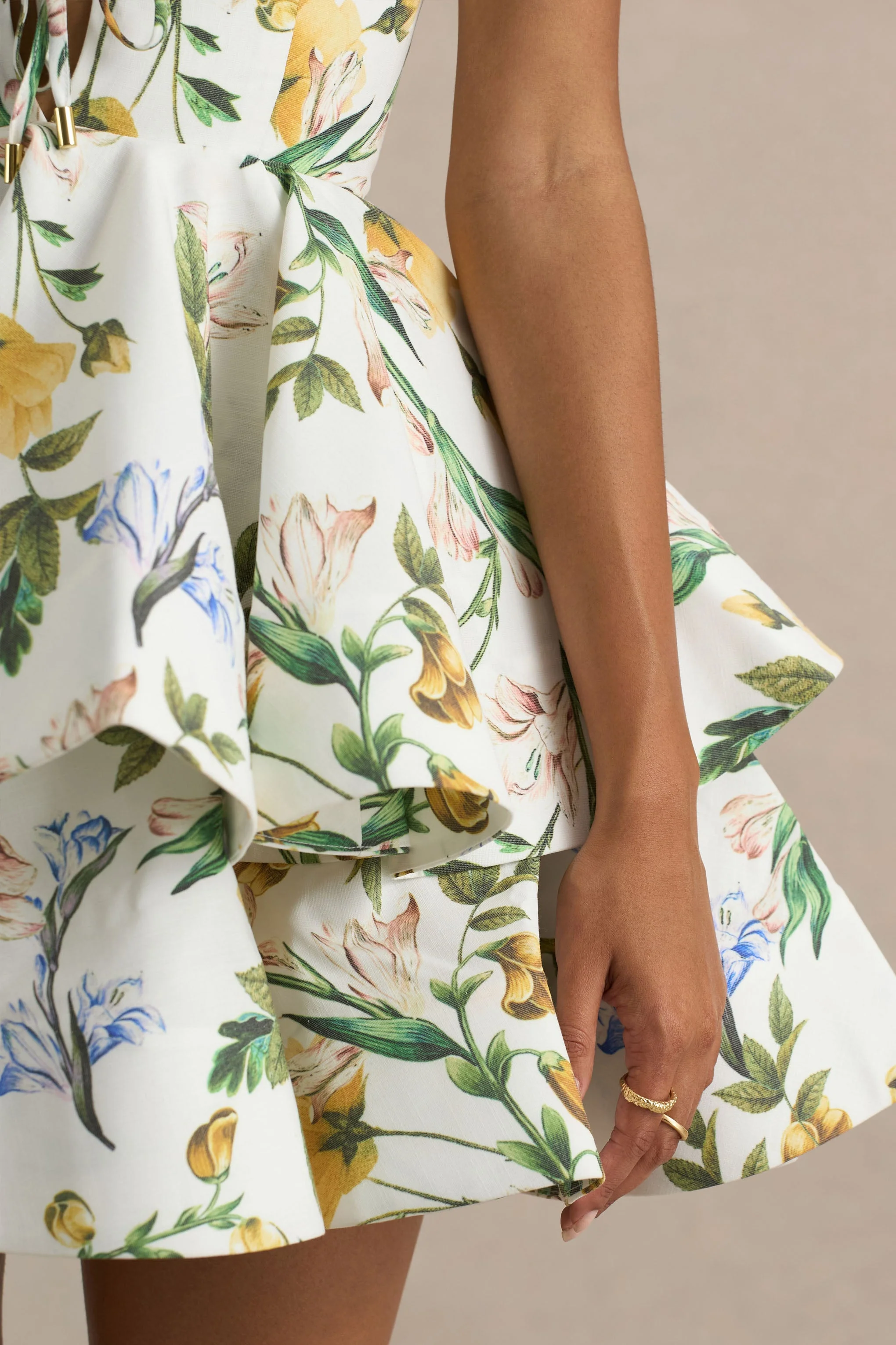 Flavia | Lemon Floral Print Plunge-Neck Ruffled Skater Micro-Mini Dress - Image 6