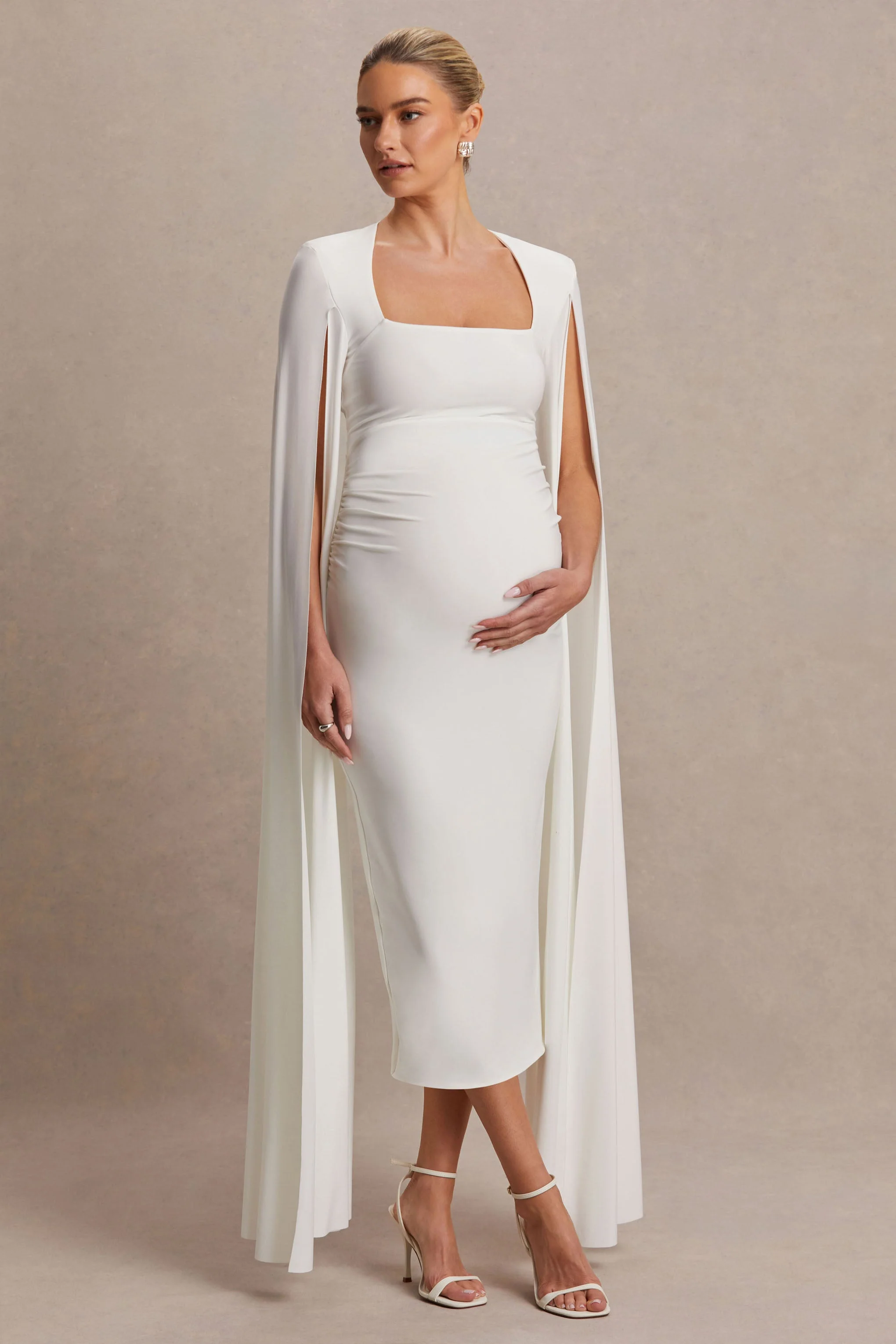 Flawless | White Square-Neck Maternity Midi Dress With Cape-Sleeves - Image 5