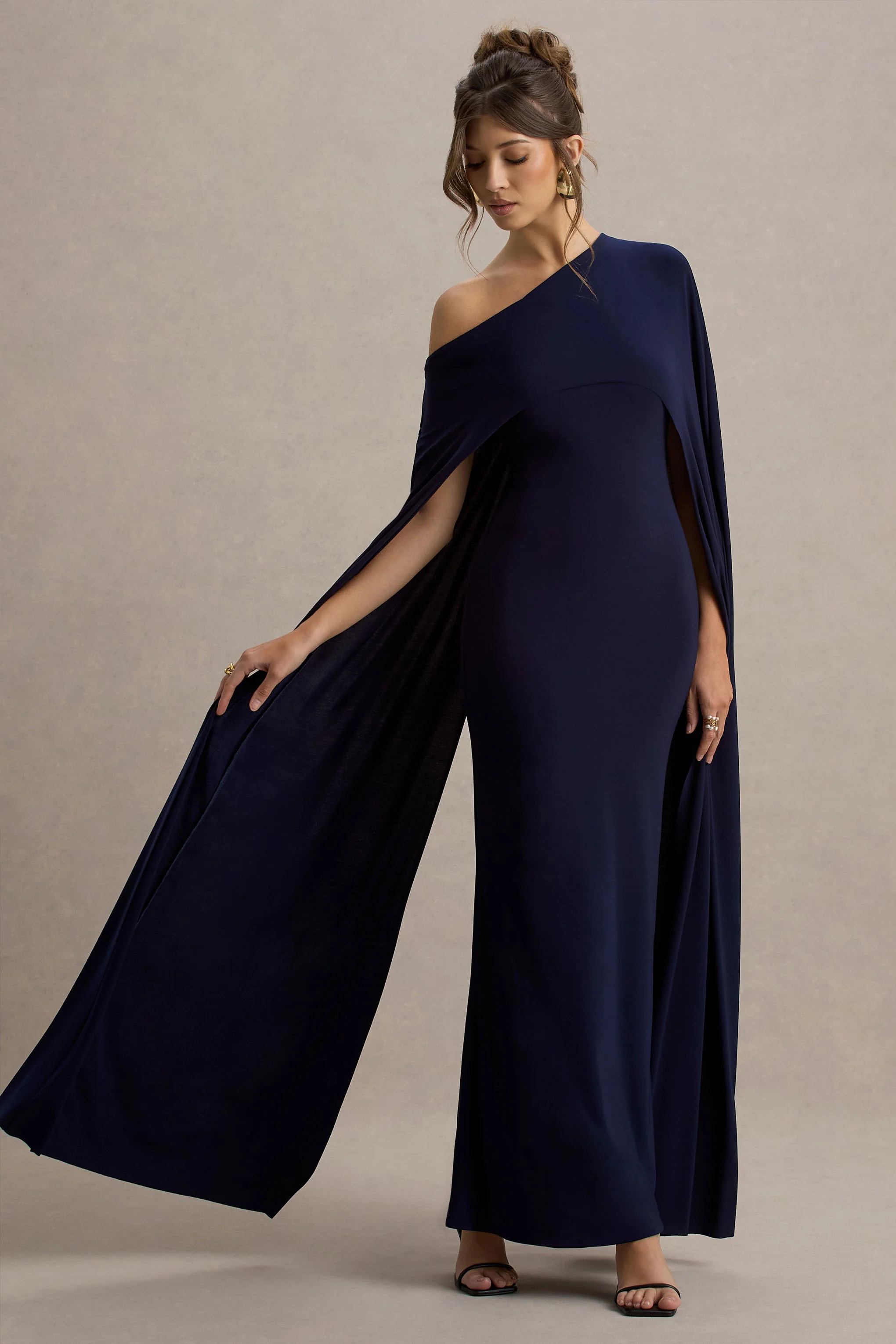 Florentina | Navy One-Shoulder Cape Maxi Dress - Image 5