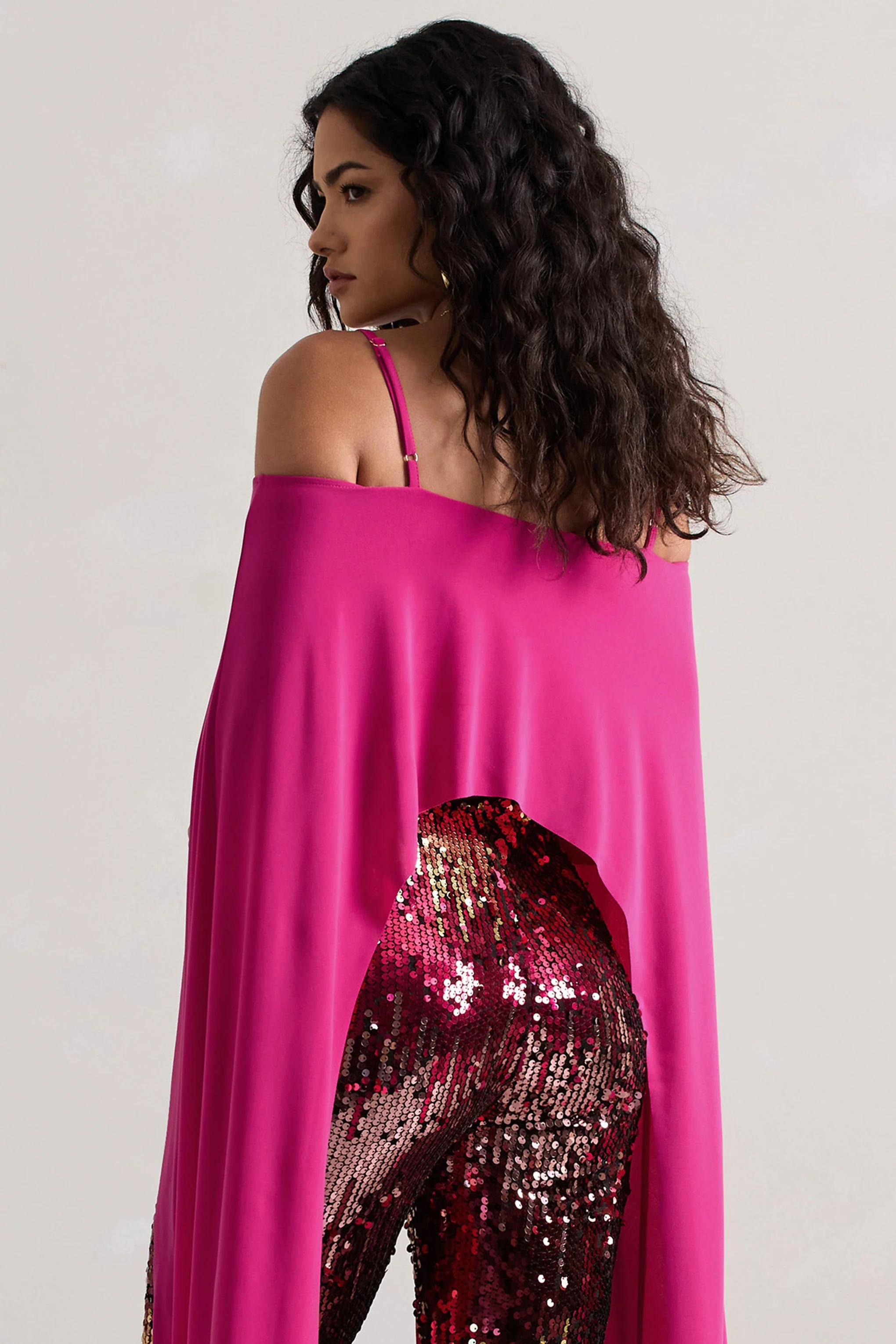Floyd | Dark Pink Bardot Cape Sleeve Crop Top - Image 2