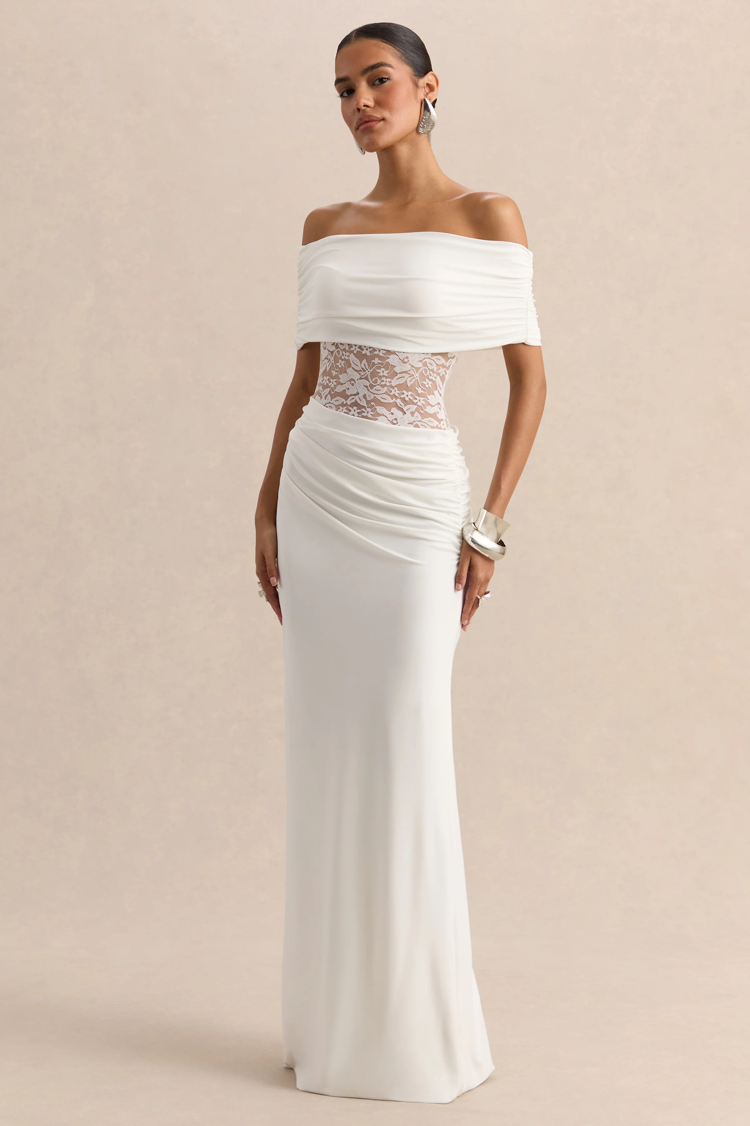 Forsya | White Bardot-Neck Maxi Dress With Lace-Detailing - Image 4