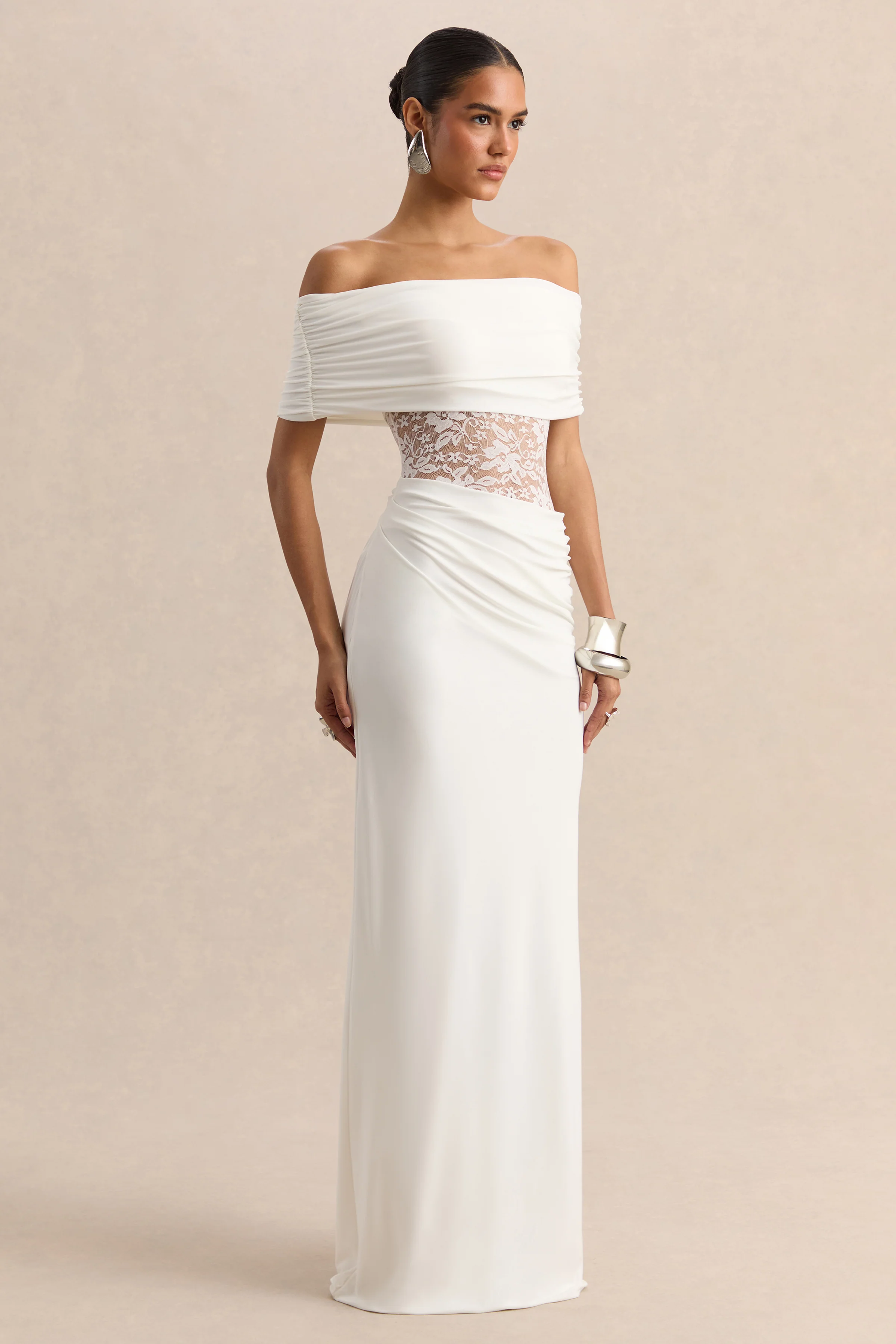 Forsya | White Bardot-Neck Maxi Dress With Lace-Detailing - Image 5