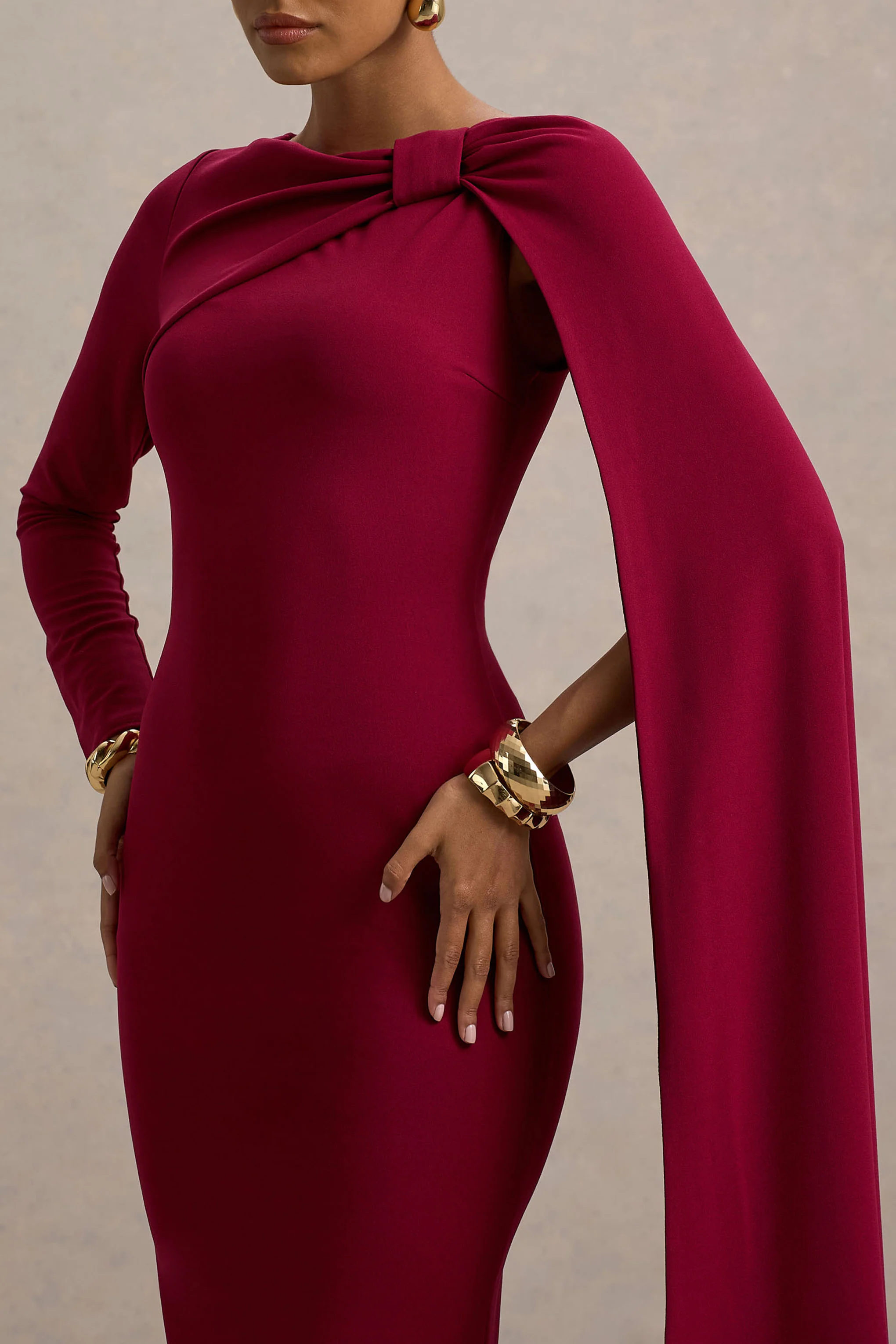 Frances | Burgundy High-Neck Maxi Dress With Cape Detail - Image 3