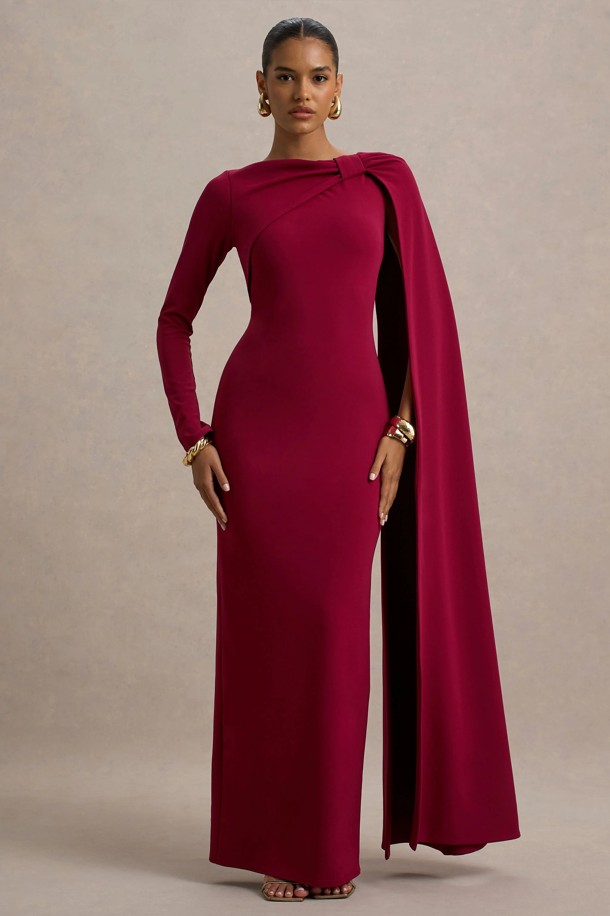 Frances | Burgundy High-Neck Maxi Dress With Cape Detail - Image 4