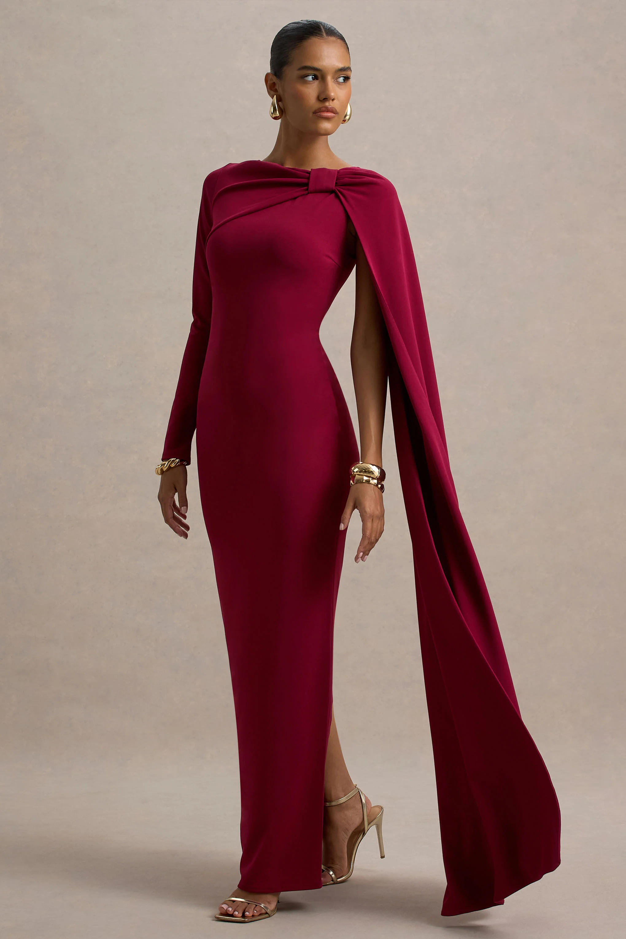 Frances | Burgundy High-Neck Maxi Dress With Cape Detail - Image 5