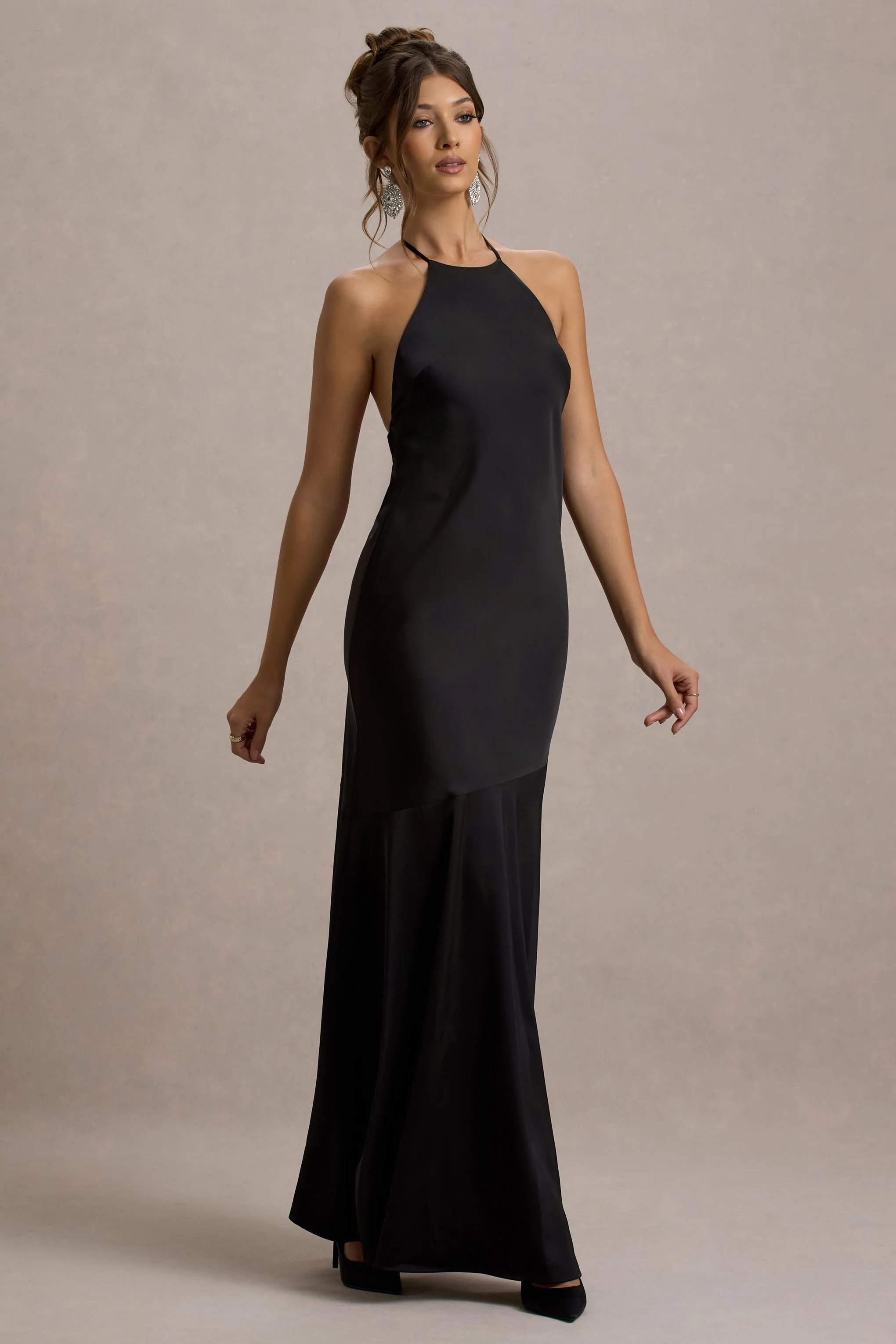 Frida | Black Satin Halter-Neck Backless Maxi Dress - Image 4
