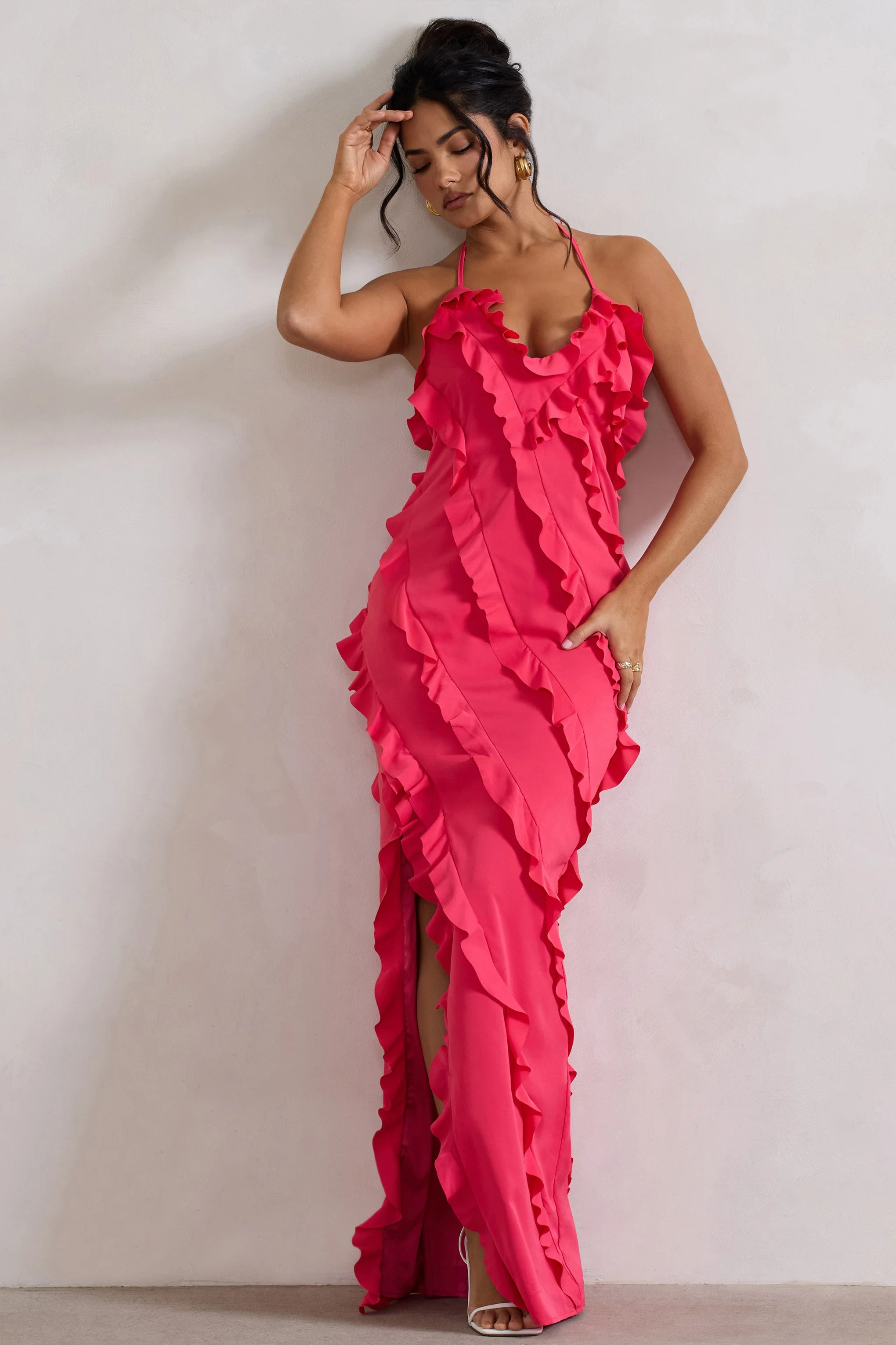 Full On | Hot Pink V-Neck Ruffle Maxi Dress - Image 5
