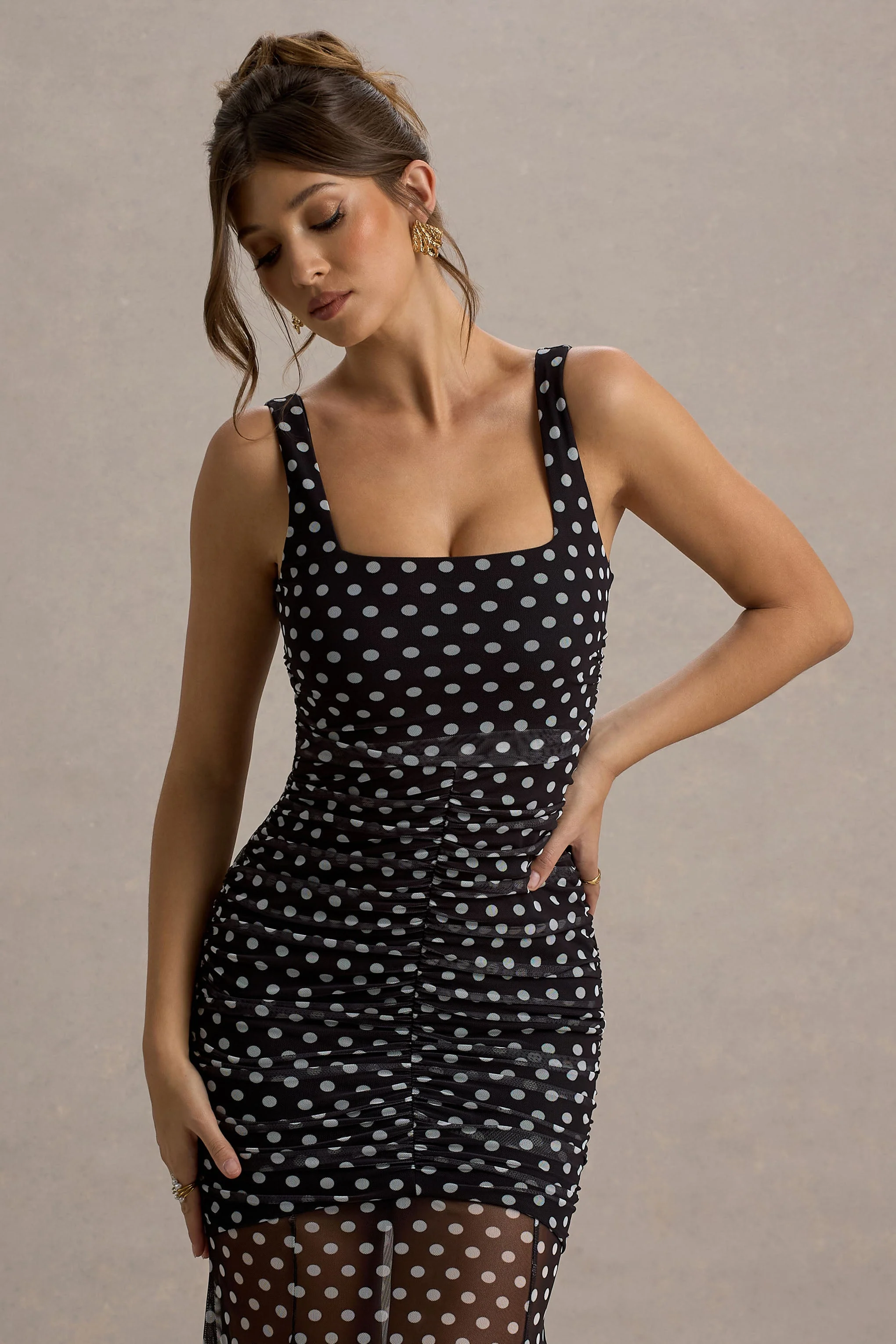 Galaxia | Black & White Polka Dot Maxi Dress With Mesh Skirt - Image 3