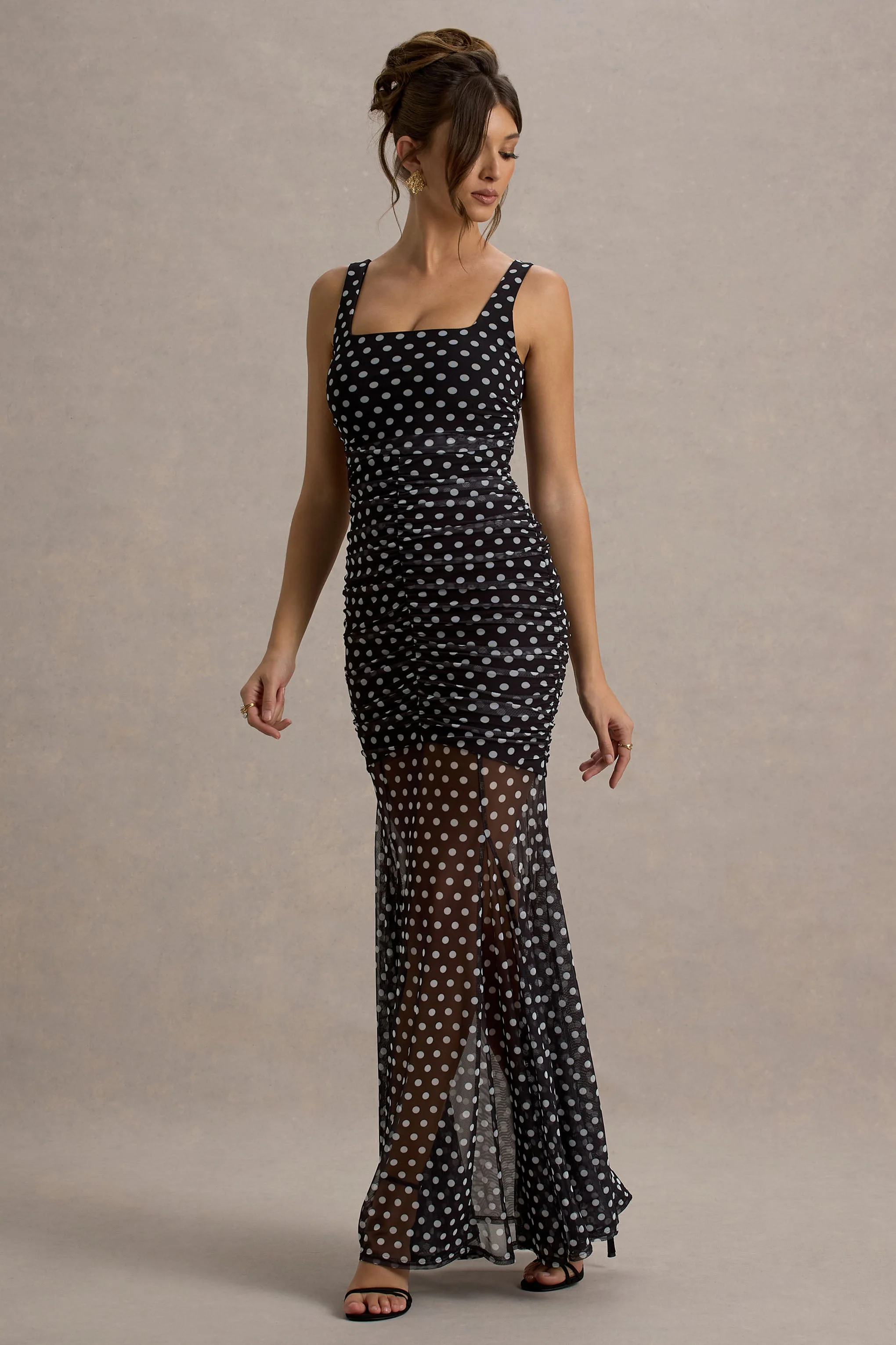 Galaxia | Black & White Polka Dot Maxi Dress With Mesh Skirt - Image 5