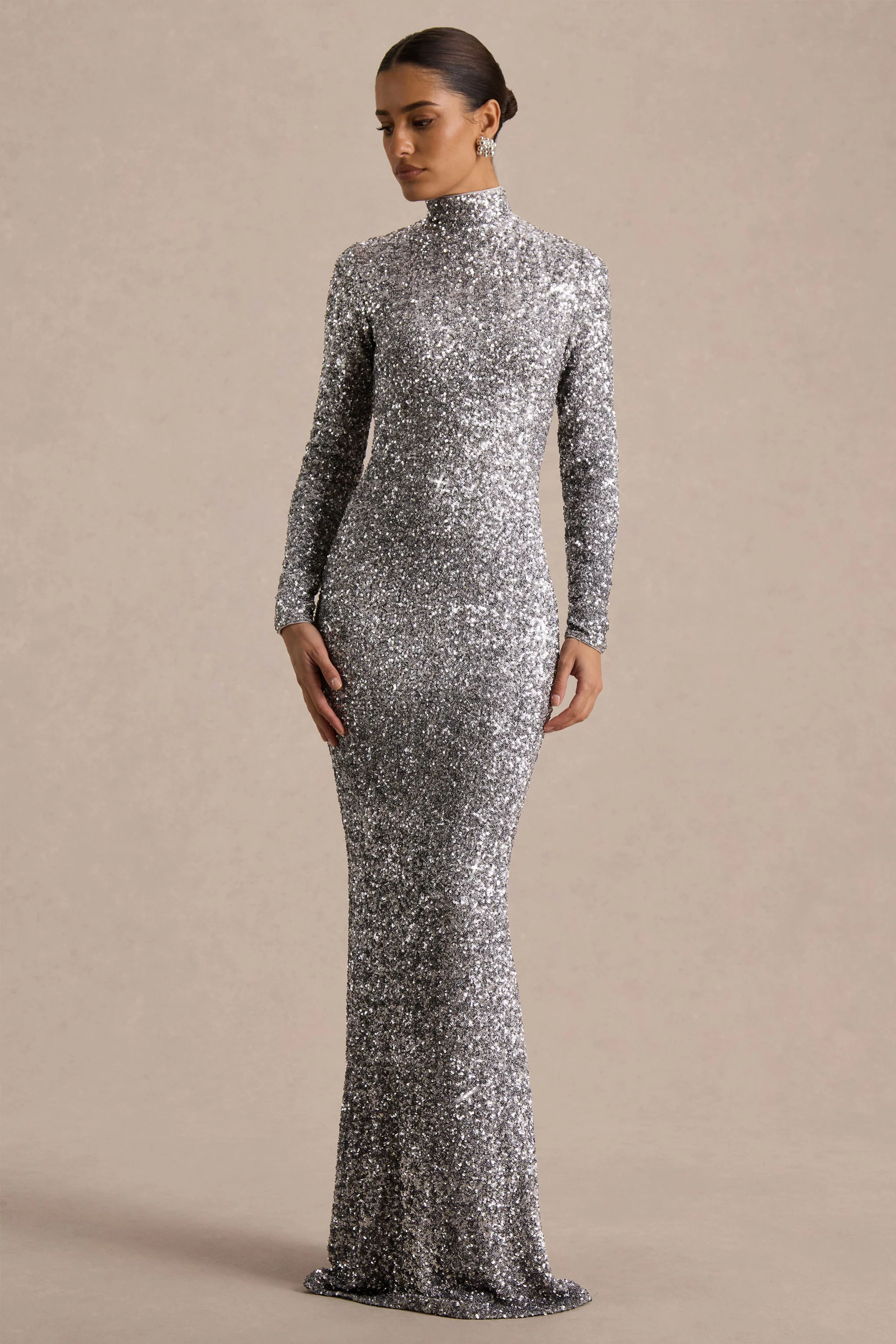 Galaxy | Silver Sequin Turtle-Neck Long-Sleeve Maxi Dress - Image 4