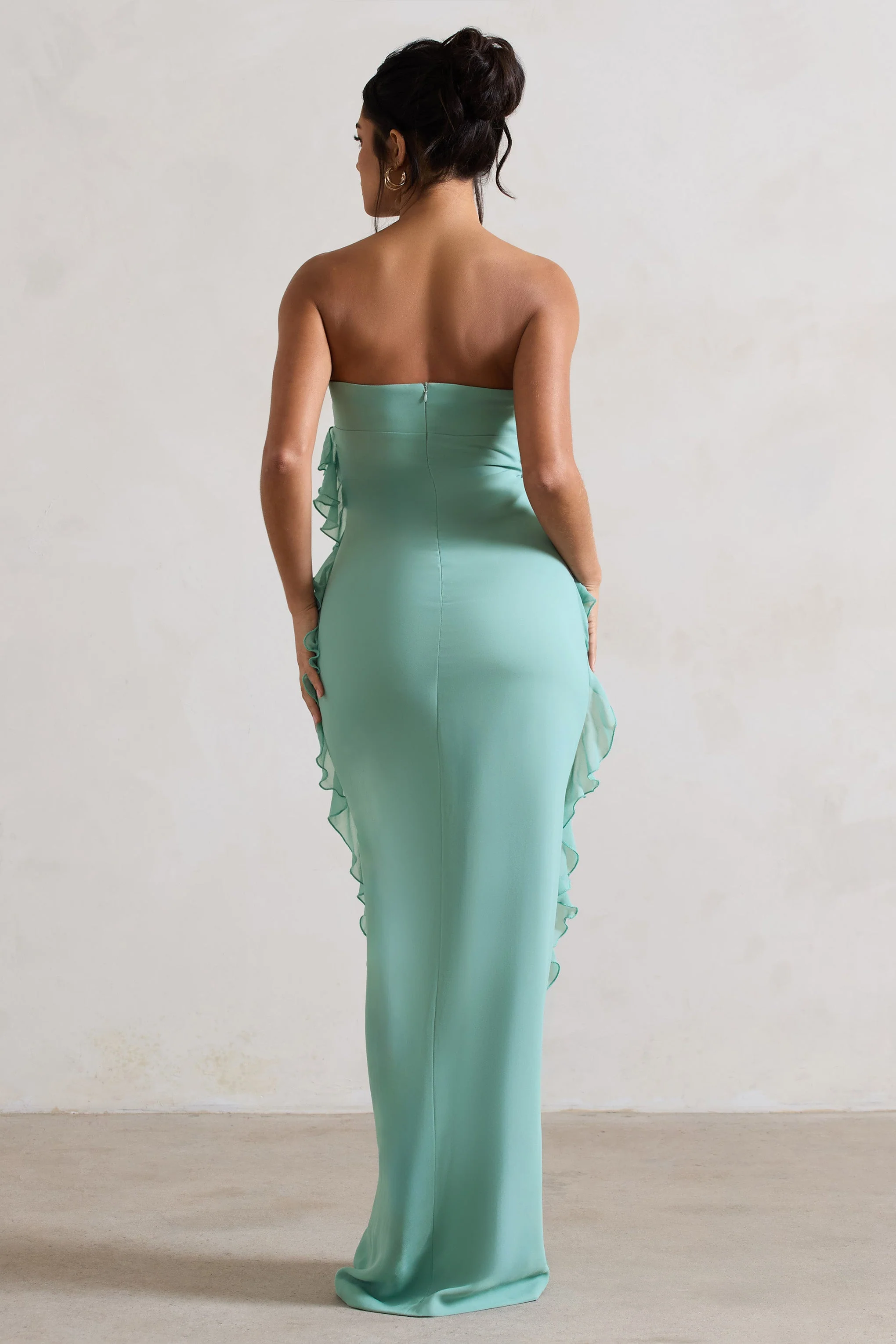 Gardenia | Mint Green Strapless Ruffle Maxi Dress With Corsage - Image 2