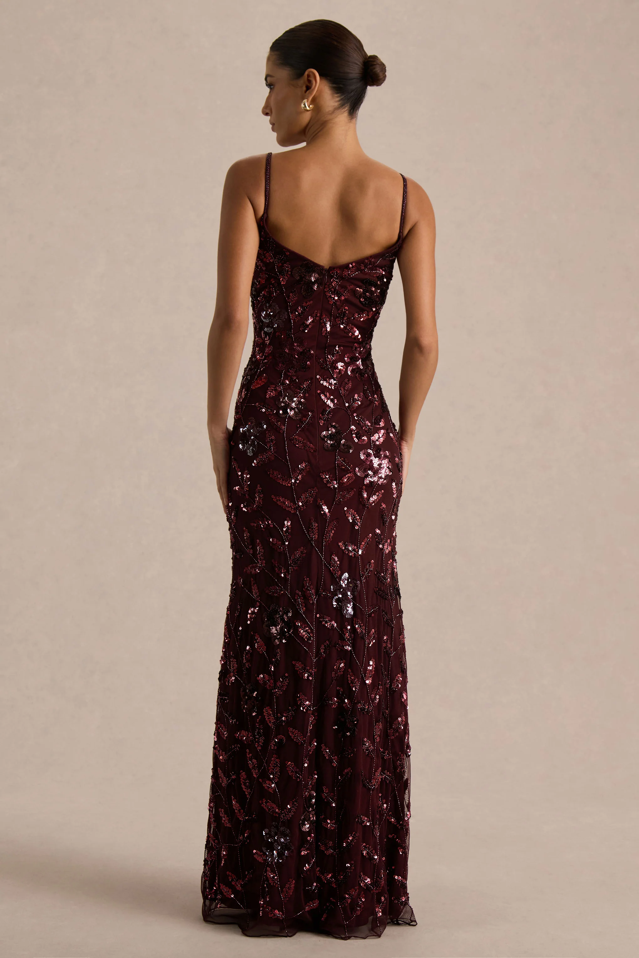 Gemini | Burgundy Floral Sequin Embellished Strappy Maxi Dress - Image 2