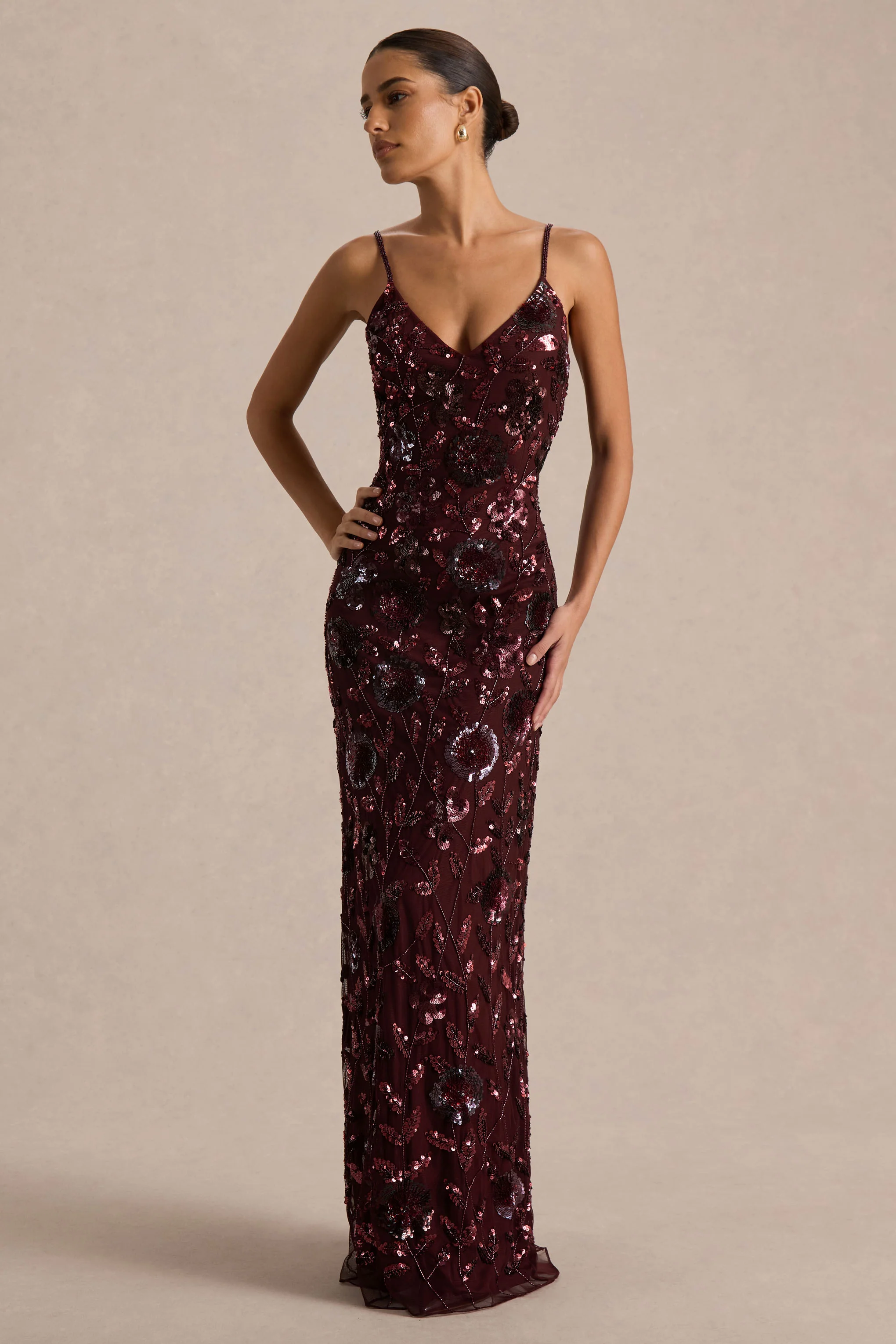 Gemini | Burgundy Floral Sequin Embellished Strappy Maxi Dress - Image 4