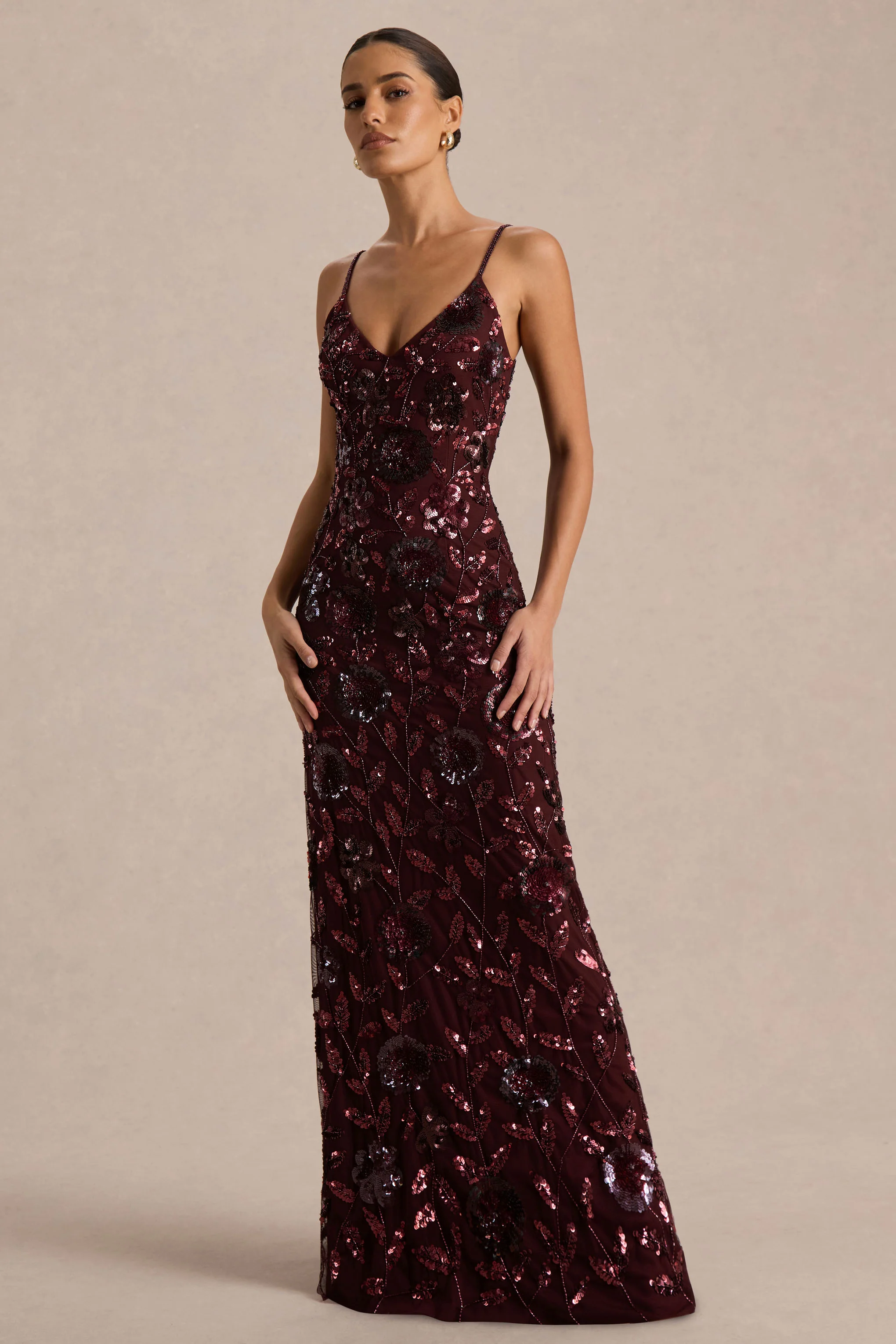 Gemini | Burgundy Floral Sequin Embellished Strappy Maxi Dress - Image 5