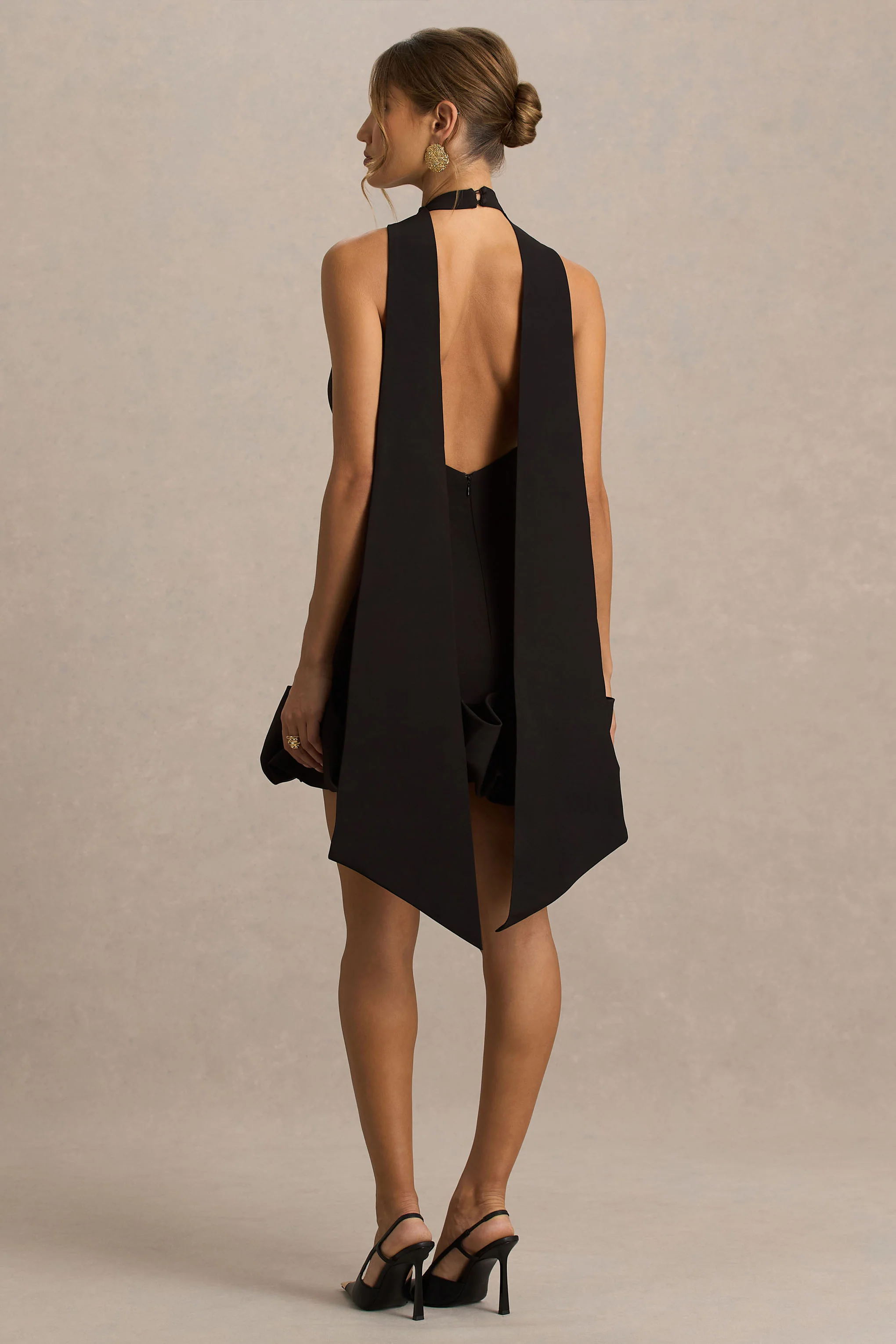 Geneve | Black Halter-Neck Mini Dress With Ruffled Trim - Image 2
