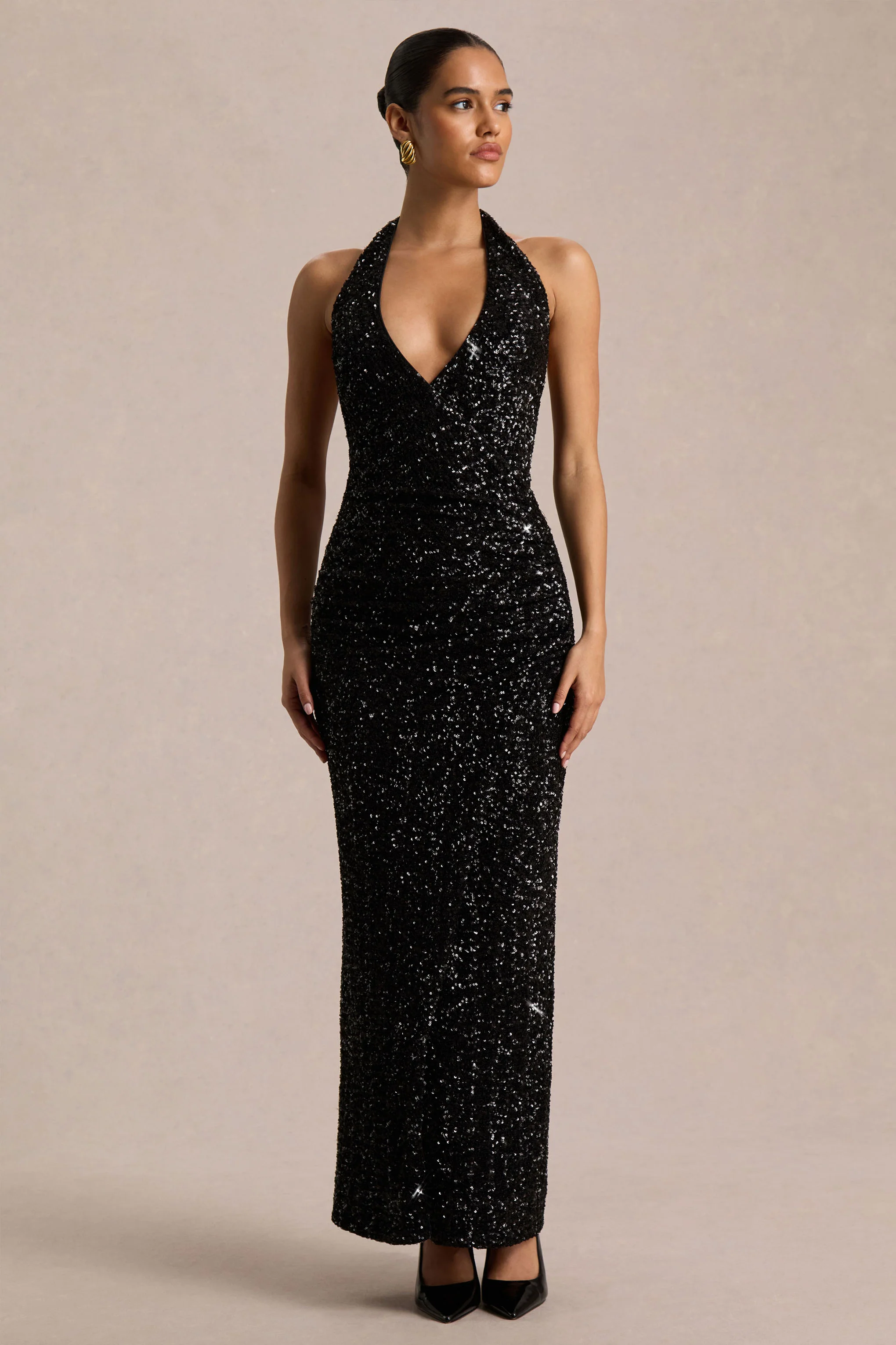 Gio | Black Sequin Plunge-Neck Wrap Maxi Dress With Ruched Detailing - Image 5