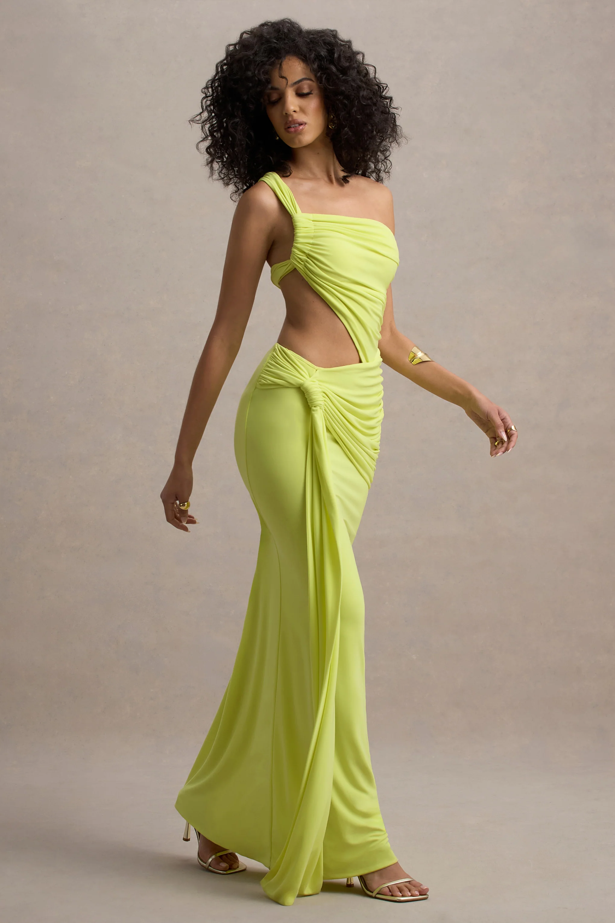Giovanna | Lime Green Asymmetric Maxi Dress With Wrap Skirt - Image 4