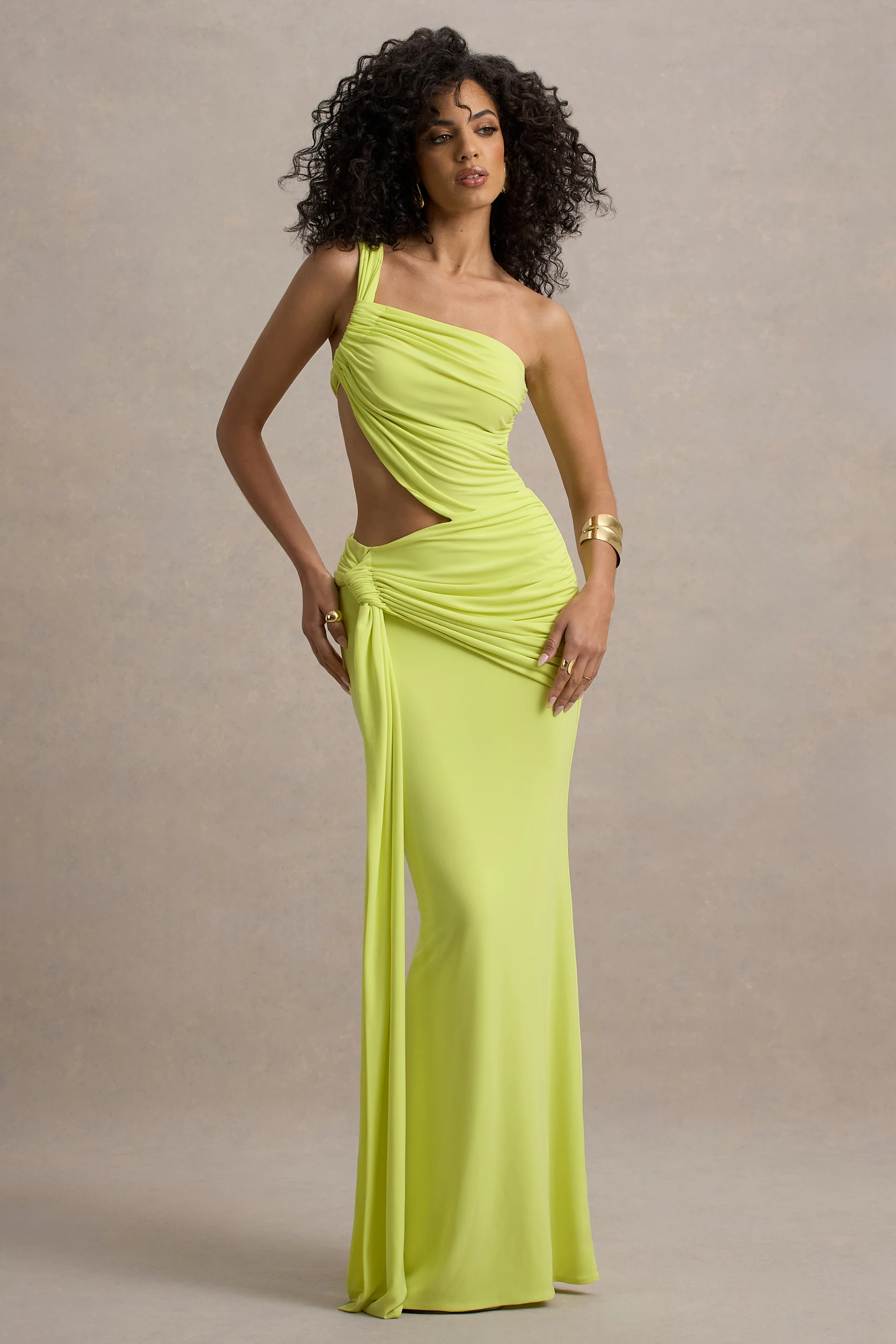 Giovanna | Lime Green Asymmetric Maxi Dress With Wrap Skirt - Image 5