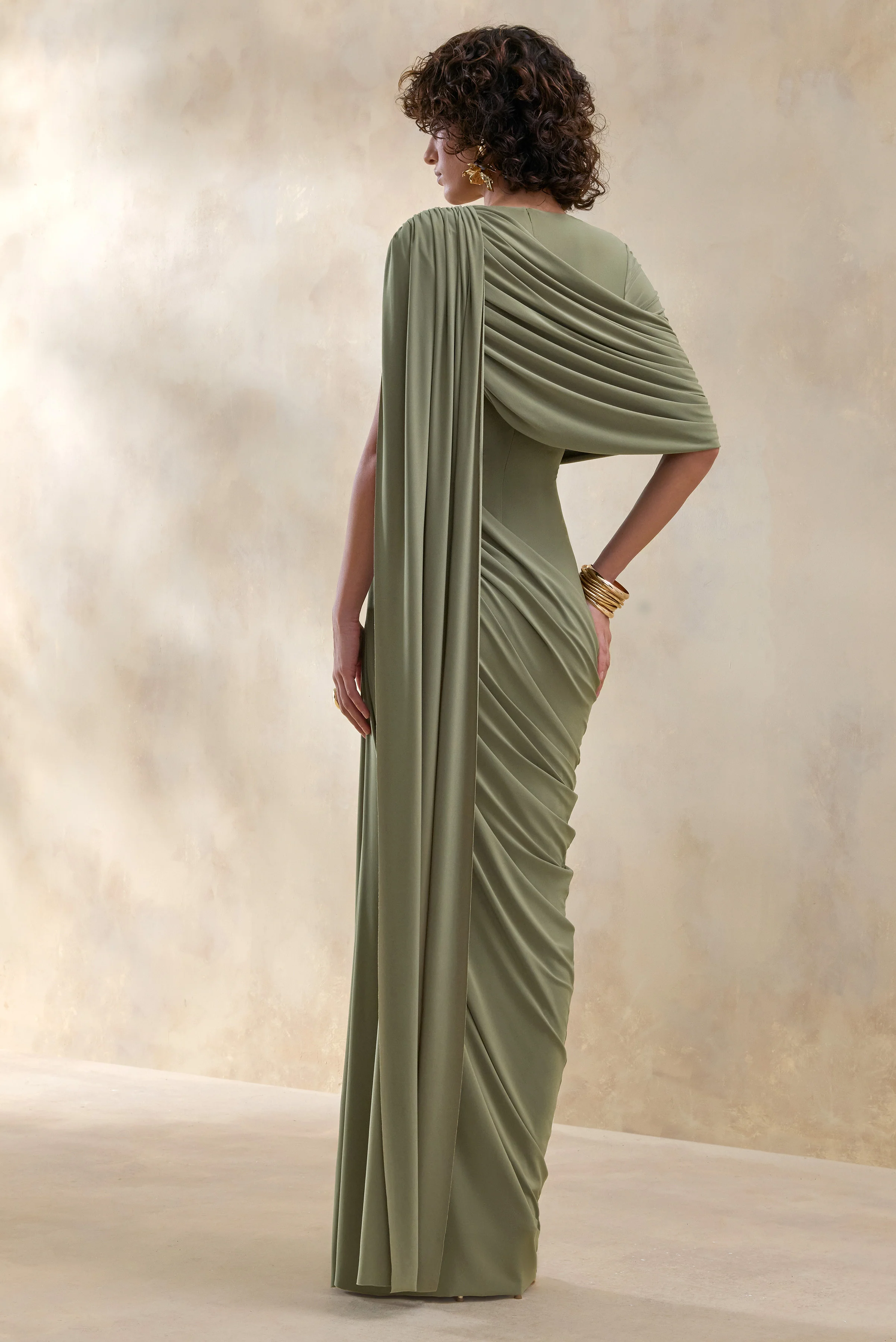 Gisara | Olive High-Neck Maxi Dress With Sash And Draped-Detailing - Image 2