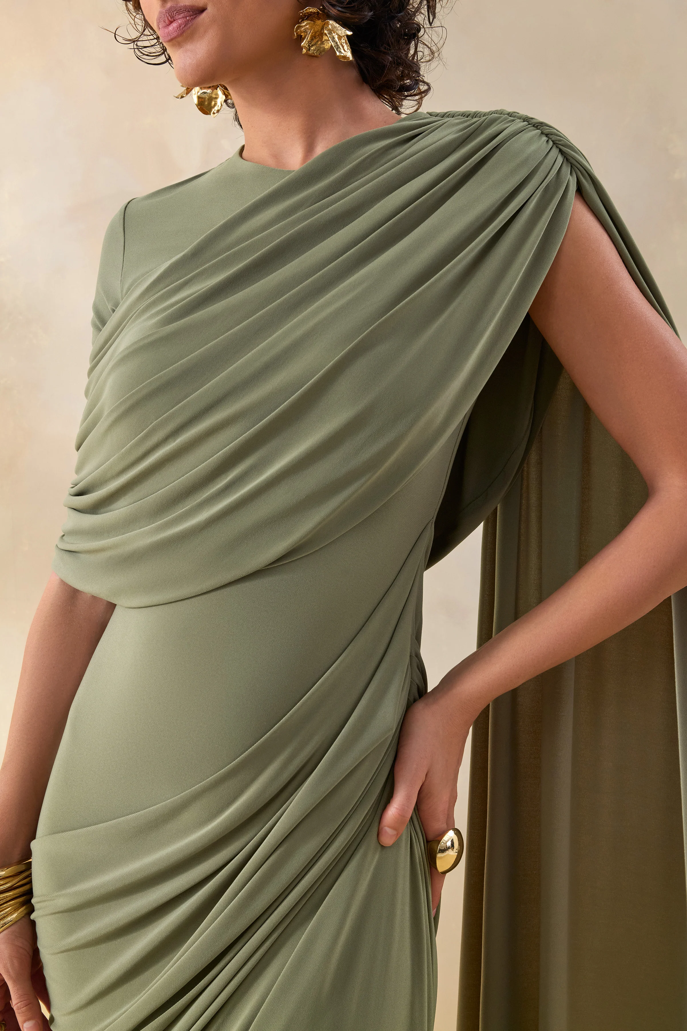 Gisara | Olive High-Neck Maxi Dress With Sash And Draped-Detailing - Image 3