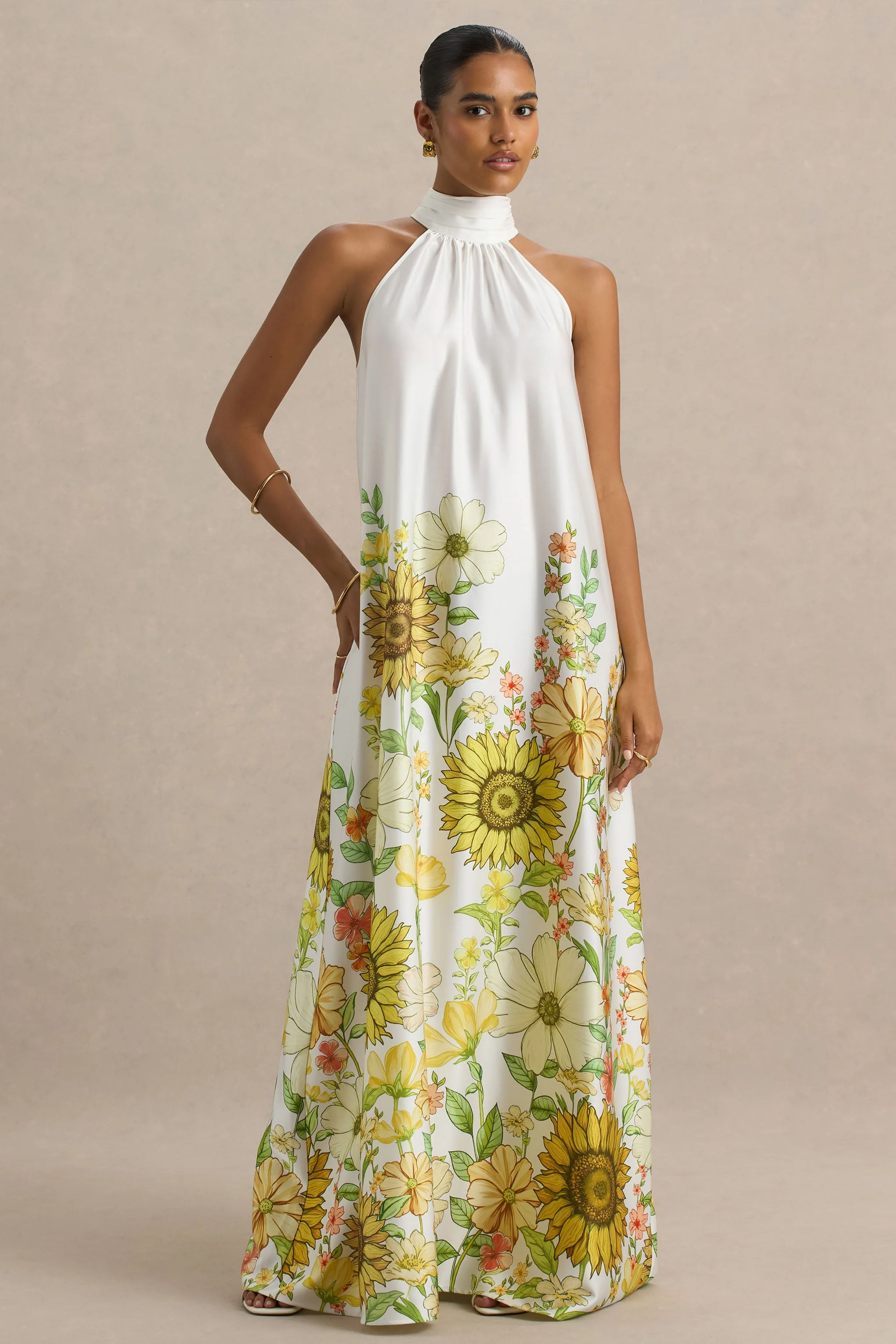 Glide | Sunflower Print Satin High-Neck Slip Maxi Dress - Image 4