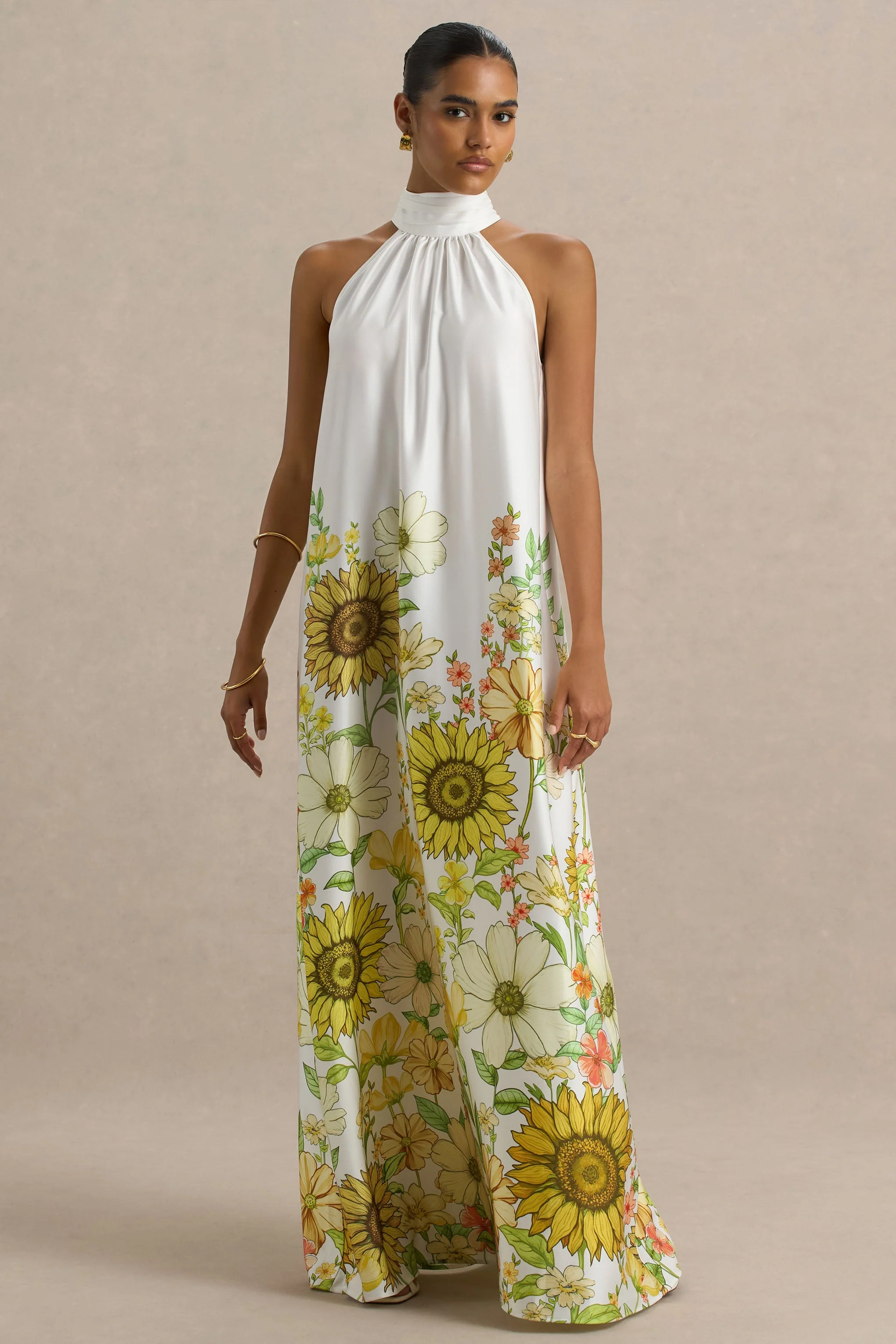 Glide | Sunflower Print Satin High-Neck Slip Maxi Dress - Image 5