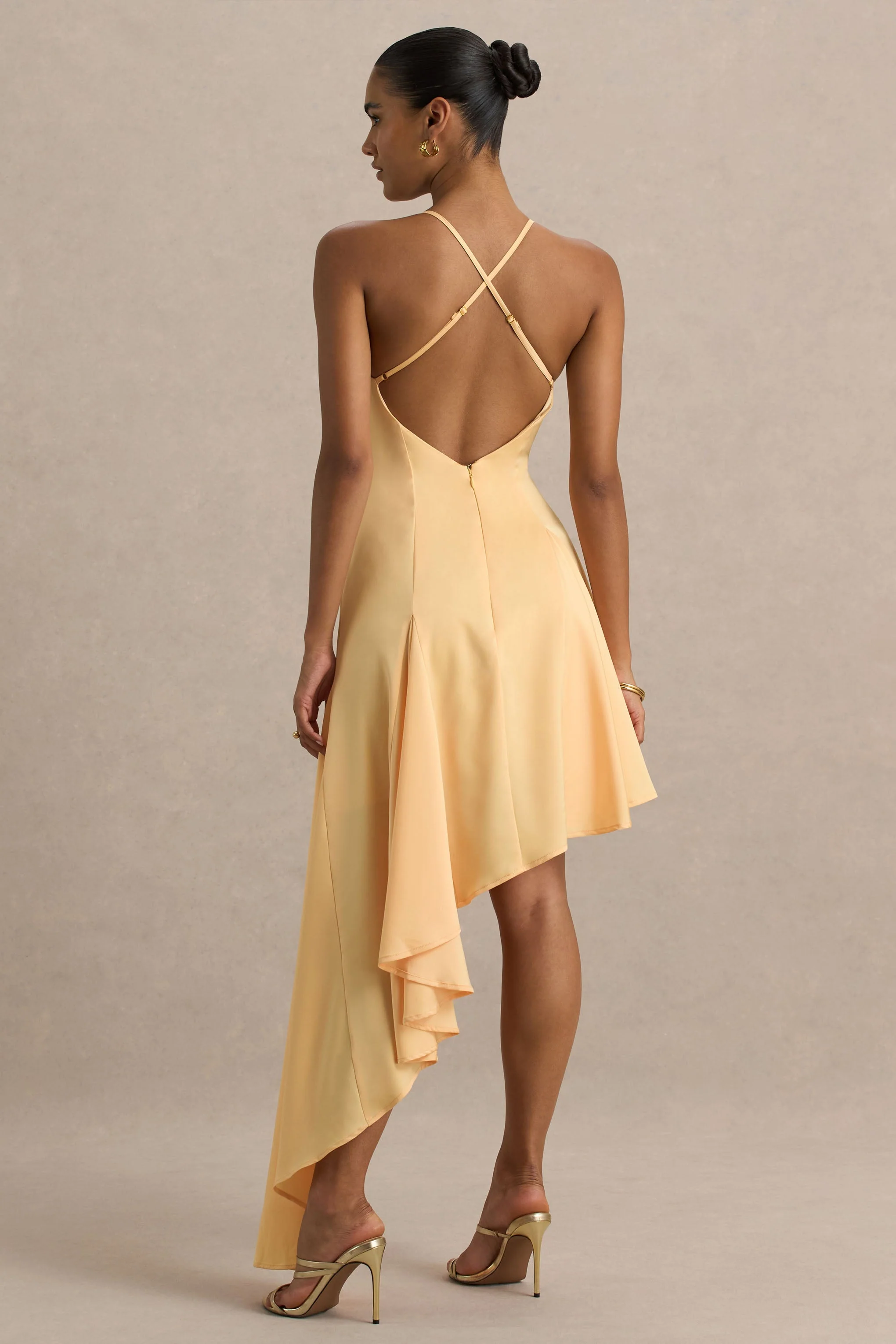 Glint | Peach Satin Plunge-Neck Maxi Dress With Asymmetric Hem - Image 2