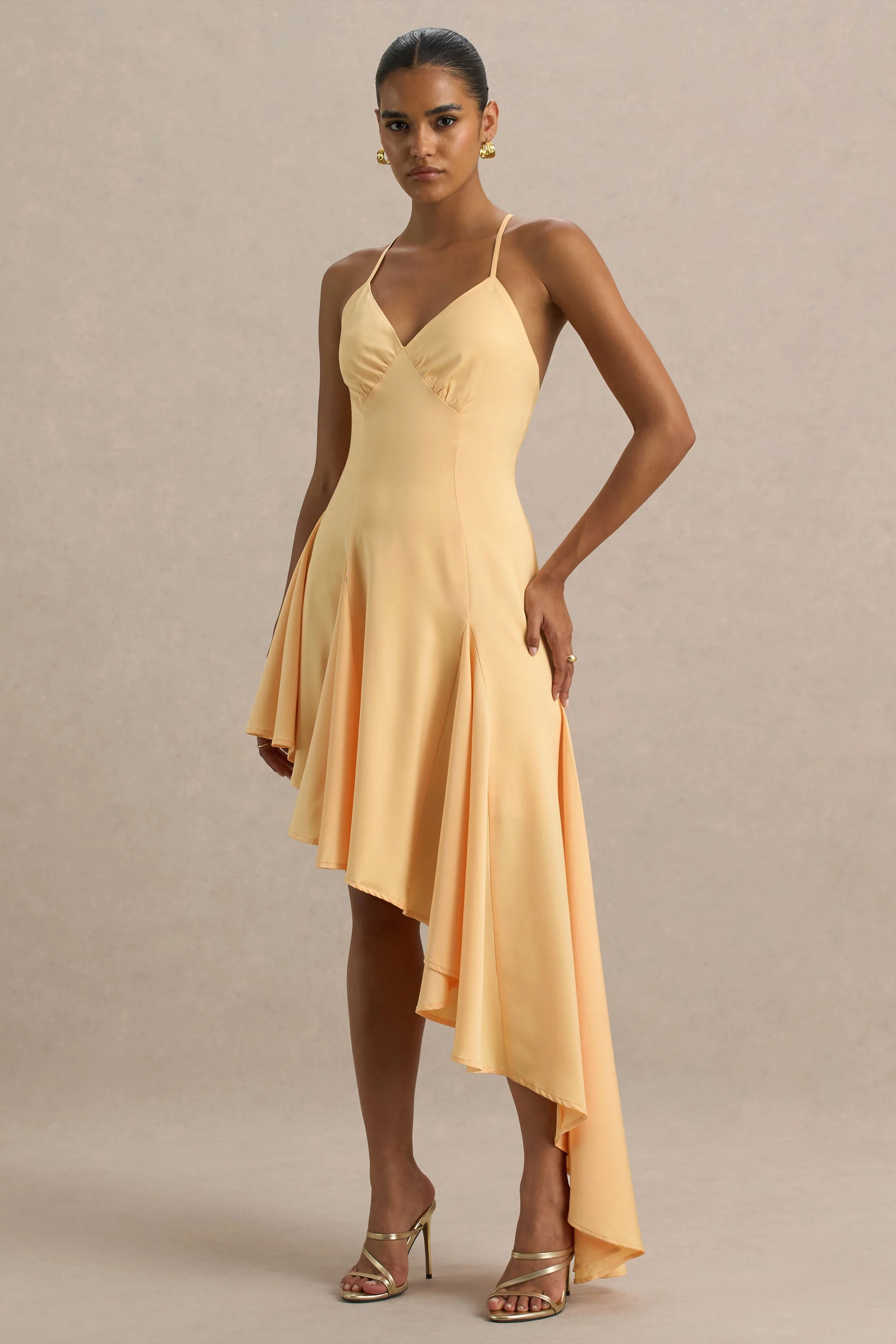 Glint | Peach Satin Plunge-Neck Maxi Dress With Asymmetric Hem - Image 3
