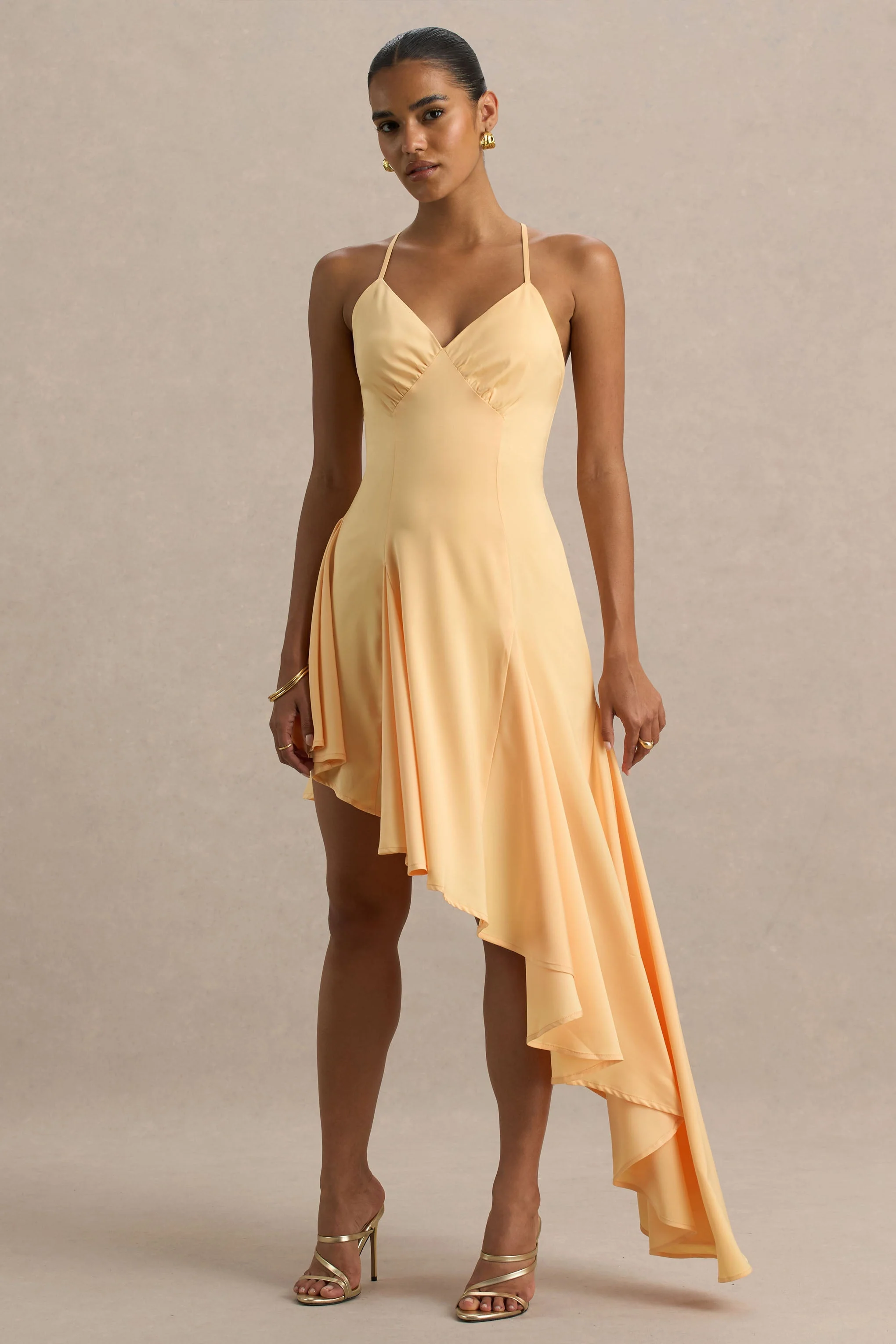 Glint | Peach Satin Plunge-Neck Maxi Dress With Asymmetric Hem - Image 4