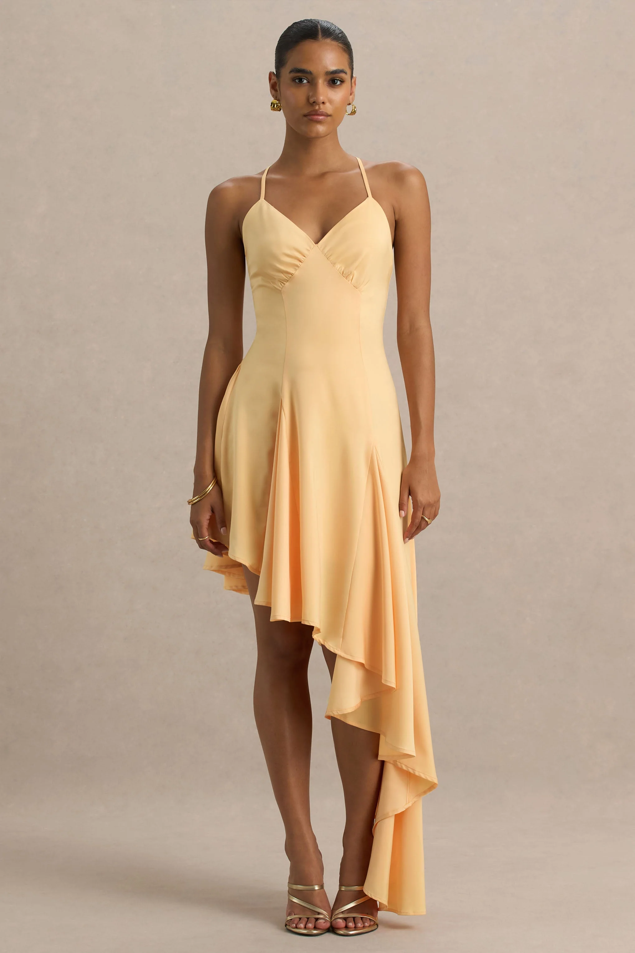 Glint | Peach Satin Plunge-Neck Maxi Dress With Asymmetric Hem - Image 5