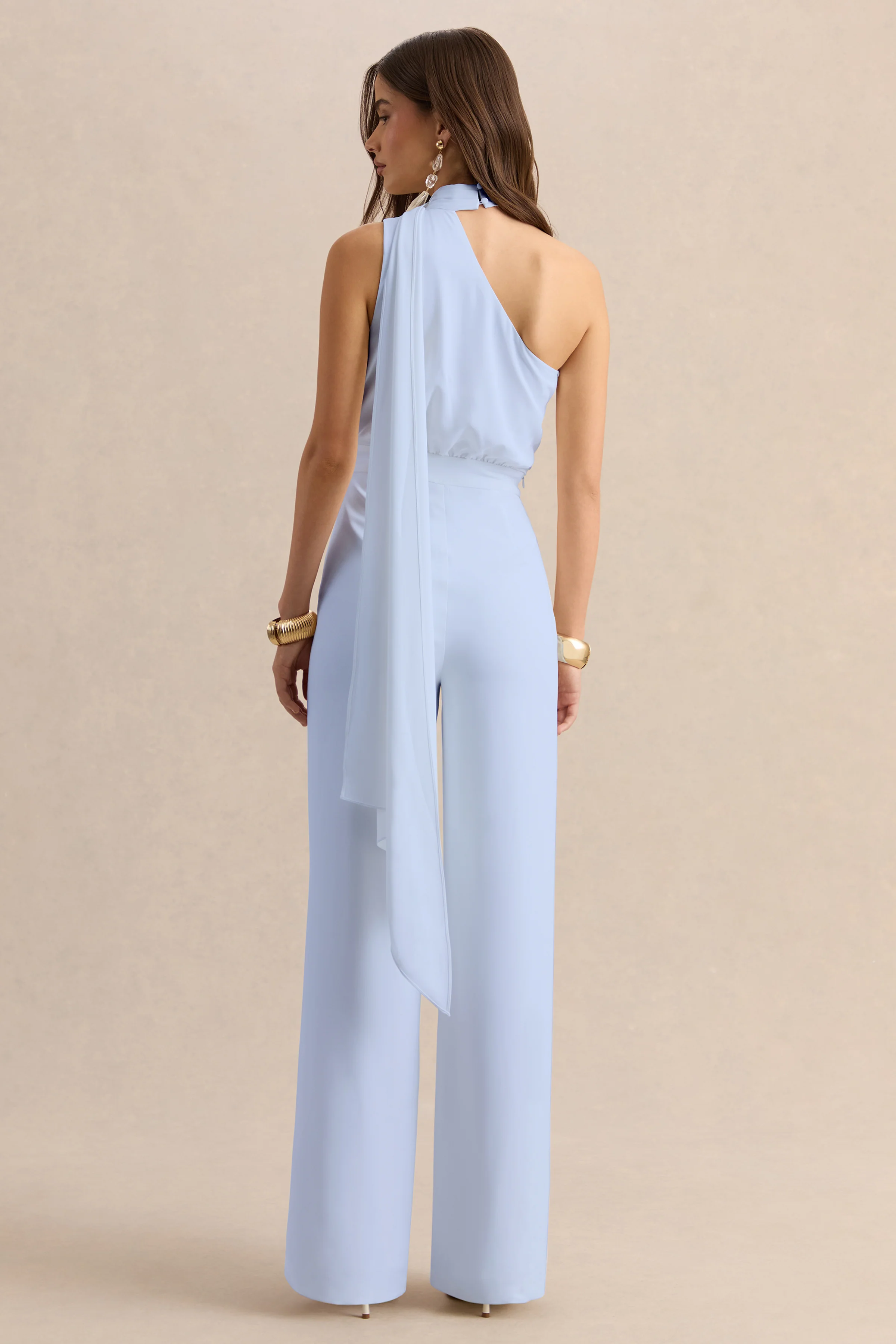 Gliselle | Powder Blue Asymmetric-Neck Jumpsuit With Scarf-Detail - Image 2