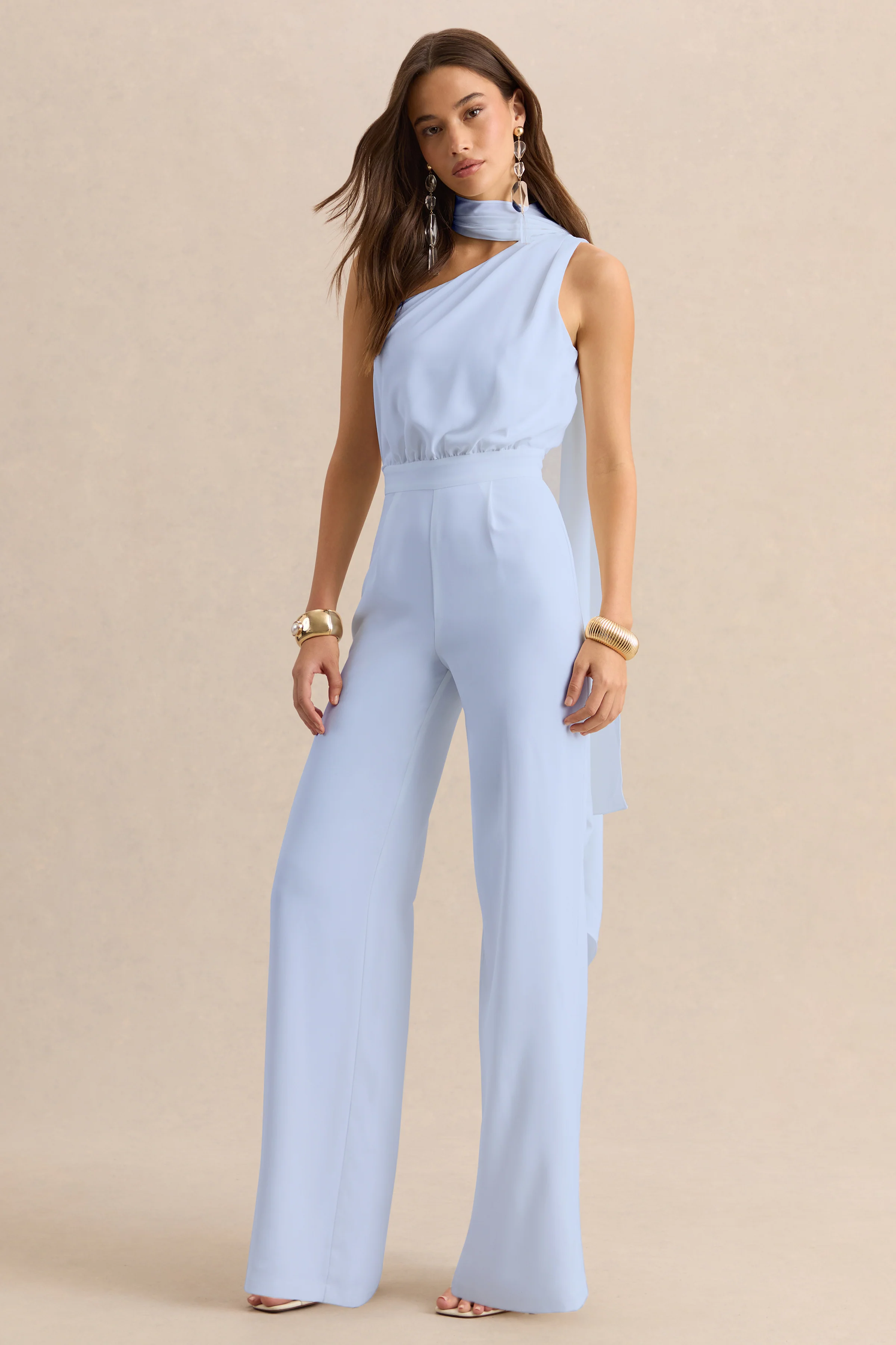 Gliselle | Powder Blue Asymmetric-Neck Jumpsuit With Scarf-Detail - Image 4