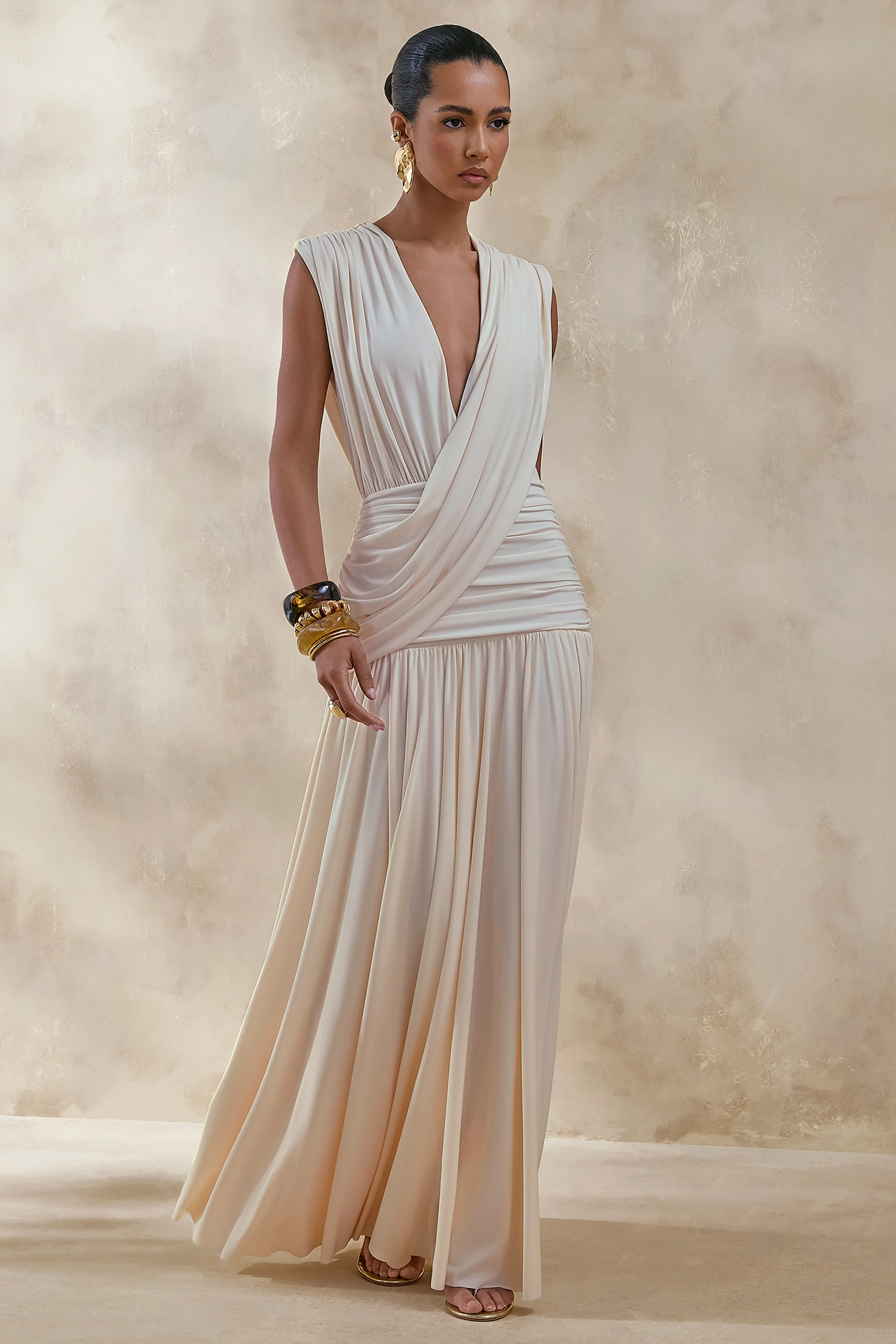 Glorina | Cream Plunge-Neck Maxi Dress With Draped-Detailing - Image 5