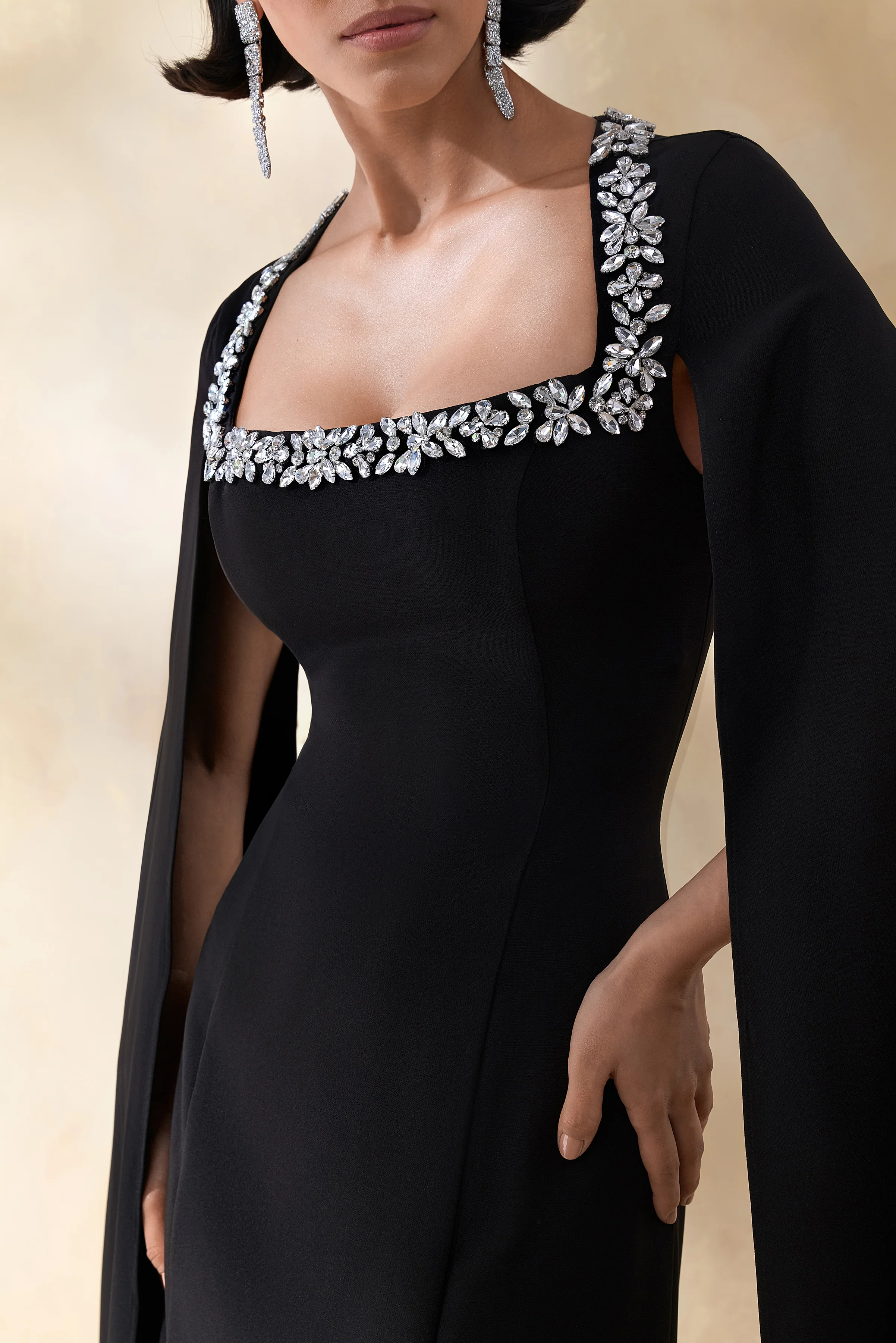 Glossy | Black Woven Square-Neck Maxi Dress With Cape Sleeves and Hand-Embellished Detail - Image 3