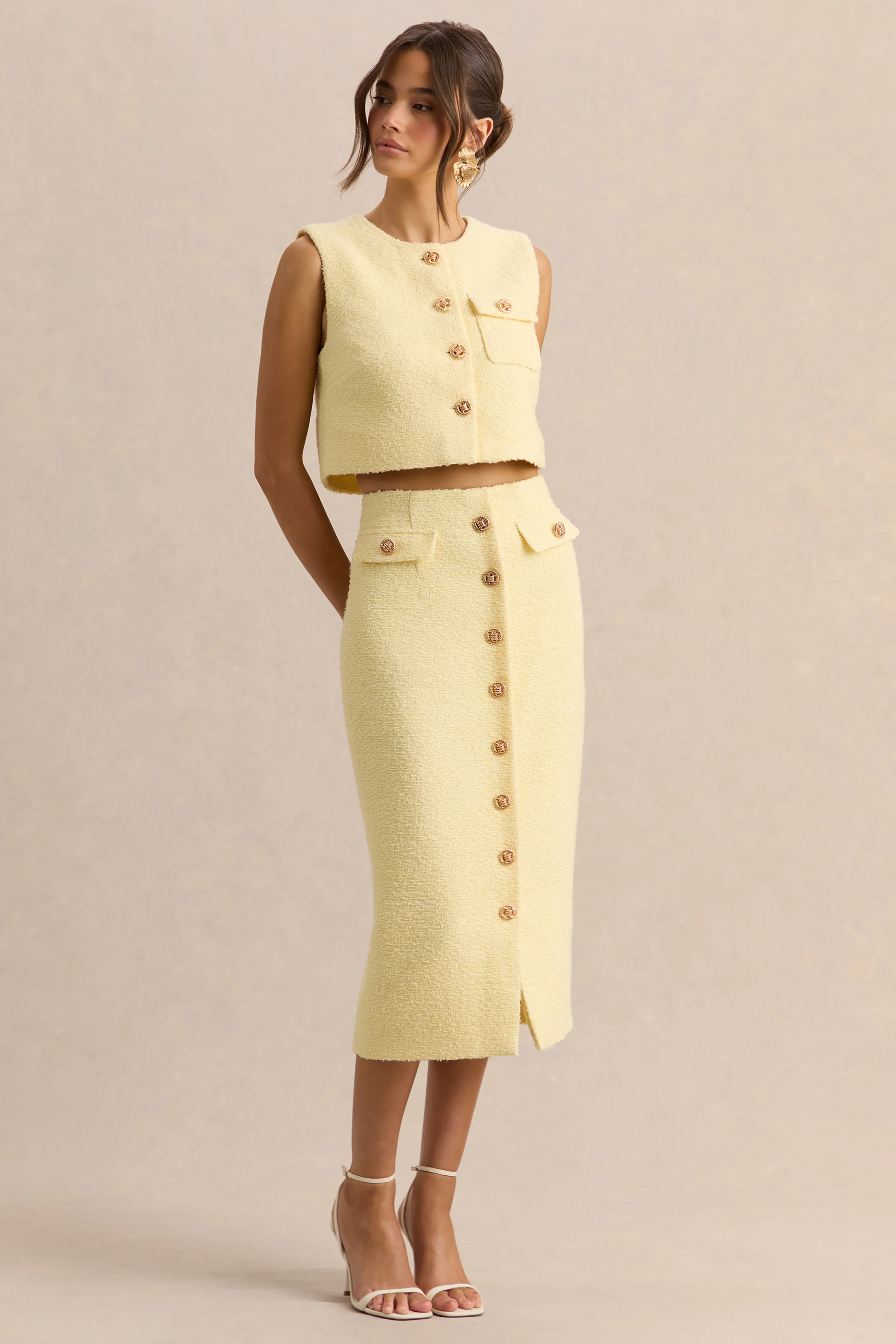 Glyra | Lemon Tailored Midi-Skirt With Button-Detailing - Image 5
