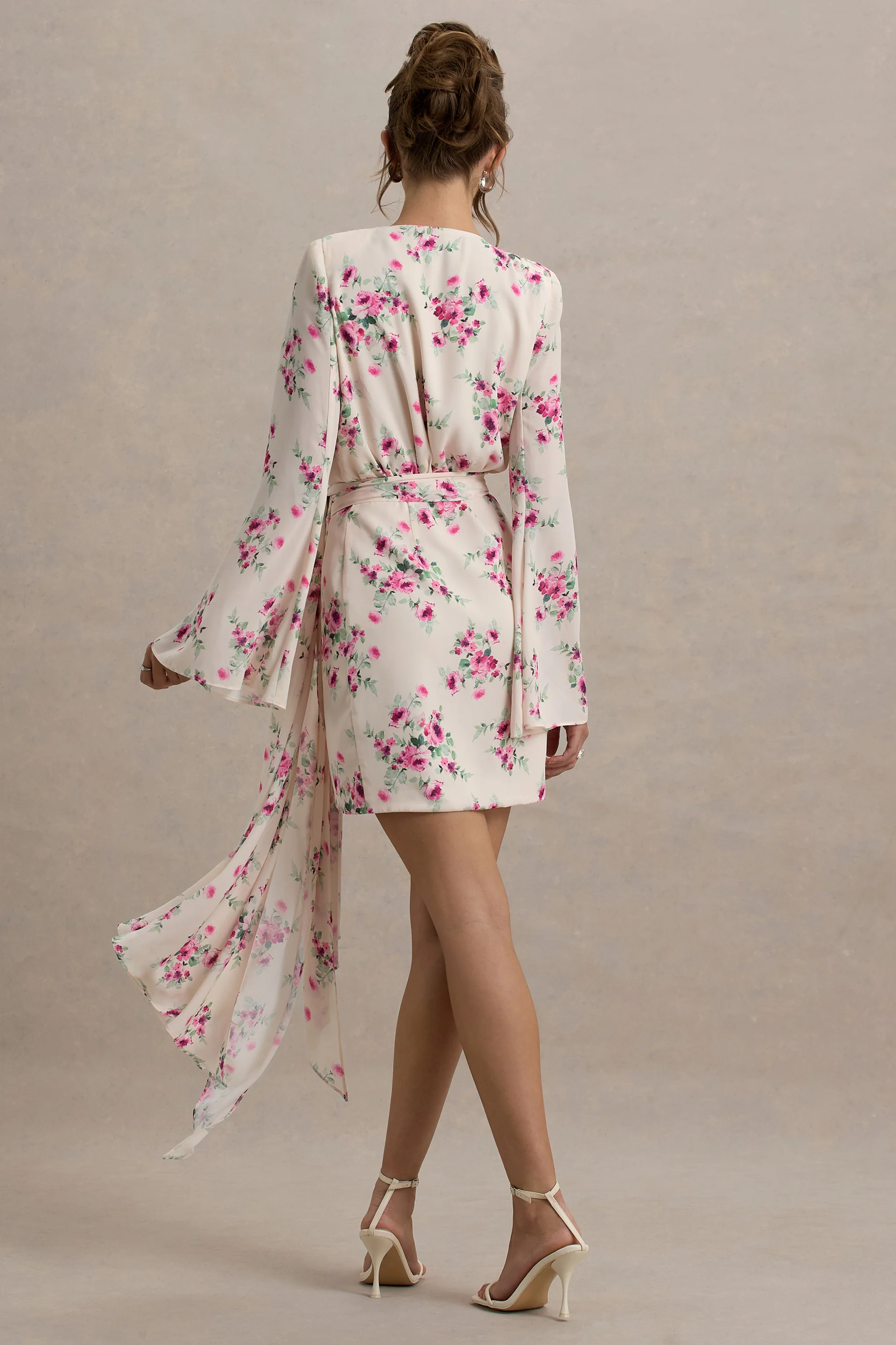 Goldie | Cream Floral Print Chiffon Long-Sleeve Wrap Mini Dress - Image 2