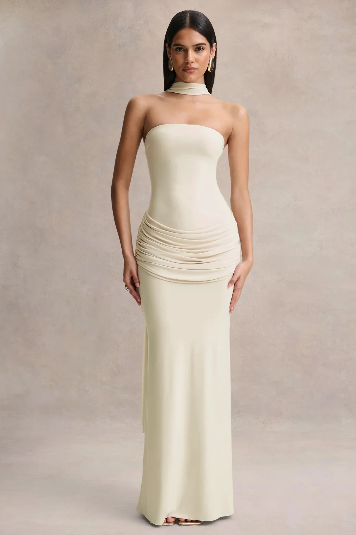 Graciella | Stone Bandeau Maxi Dress With Draped Detailing And Scarf