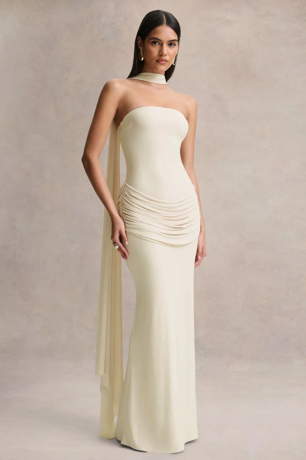 Graciella | Stone Bandeau Maxi Dress With Draped Detailing And Scarf - Image 4