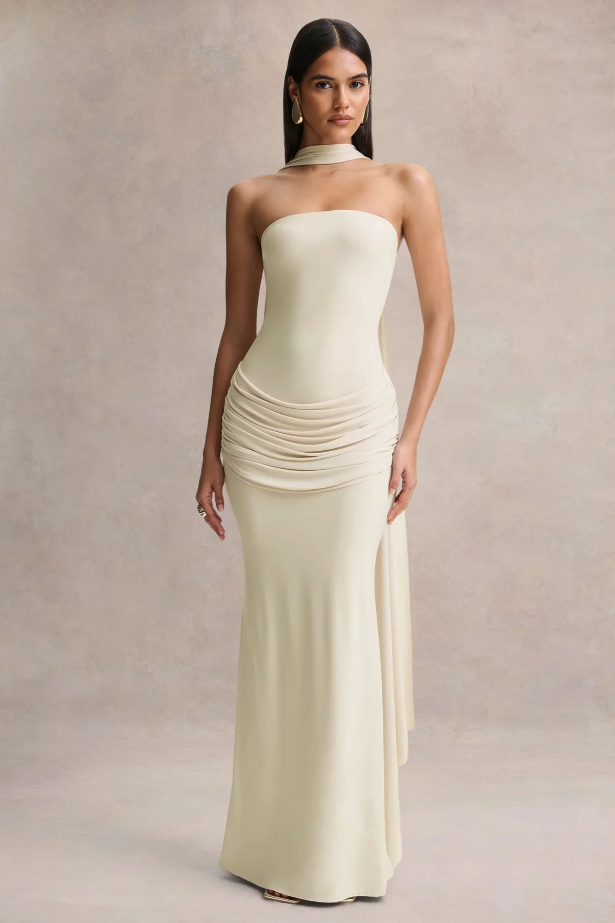 Graciella | Stone Bandeau Maxi Dress With Draped Detailing And Scarf - Image 5
