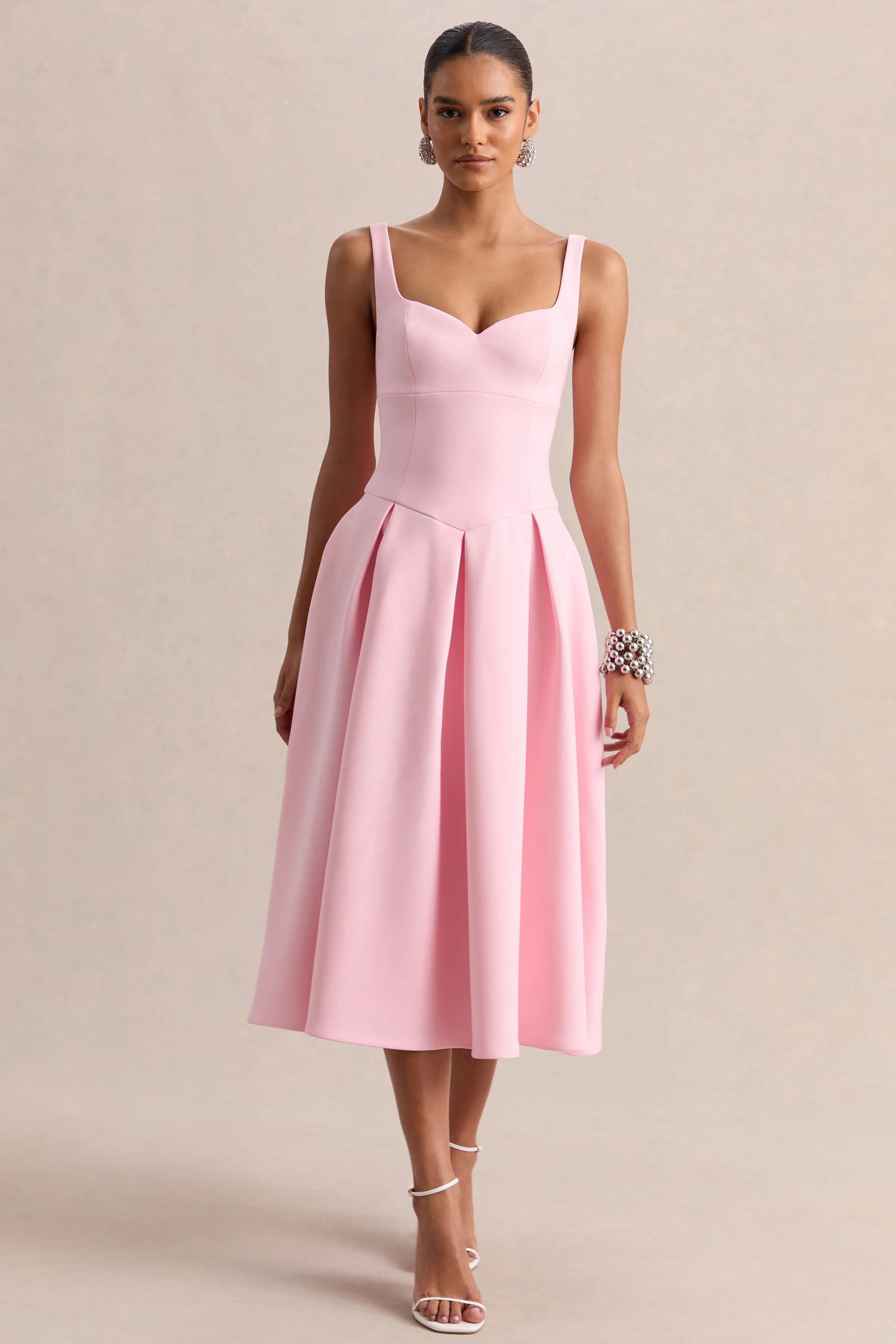 Greta | Light Pink Sweetheart-Neck Midi Dress - Image 5