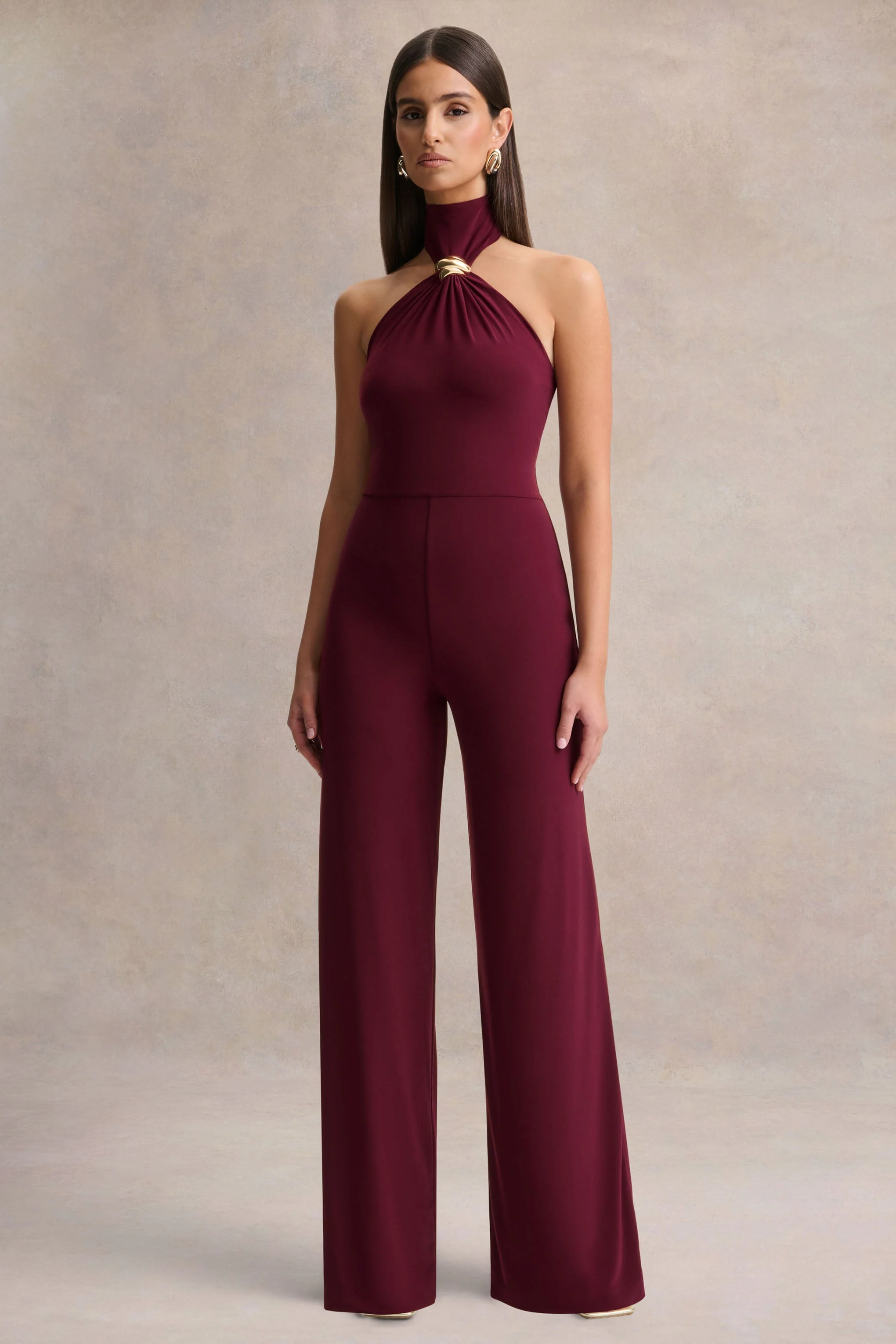 Gwen | Burgundy High-Neck Jumpsuit With Gold-Detail - Image 5