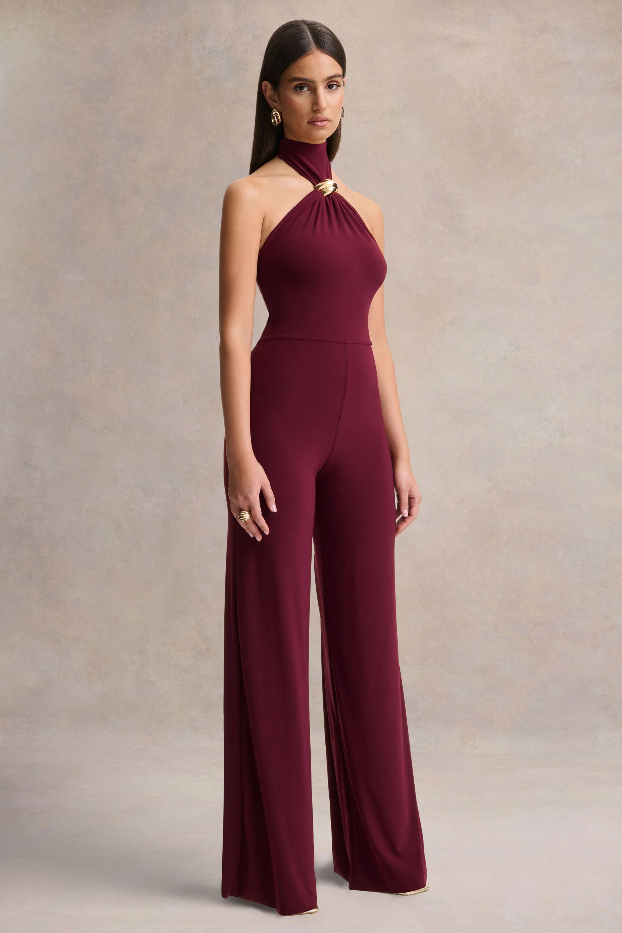 Gwen | Burgundy High-Neck Jumpsuit With Gold-Detail - Image 7